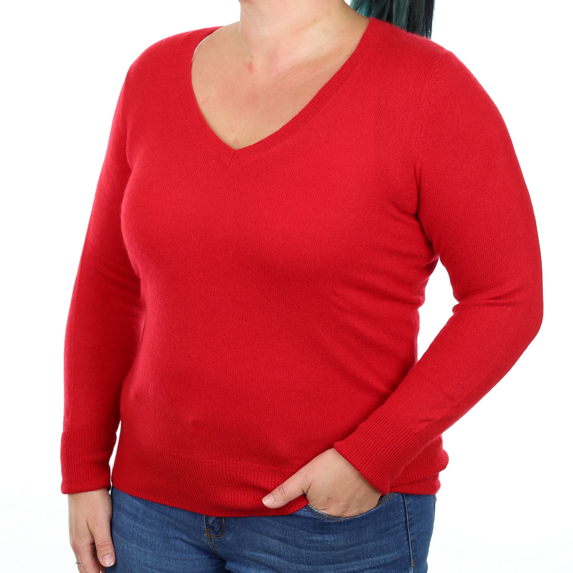 Post Box Red Cashmere V Neck Jumper Large