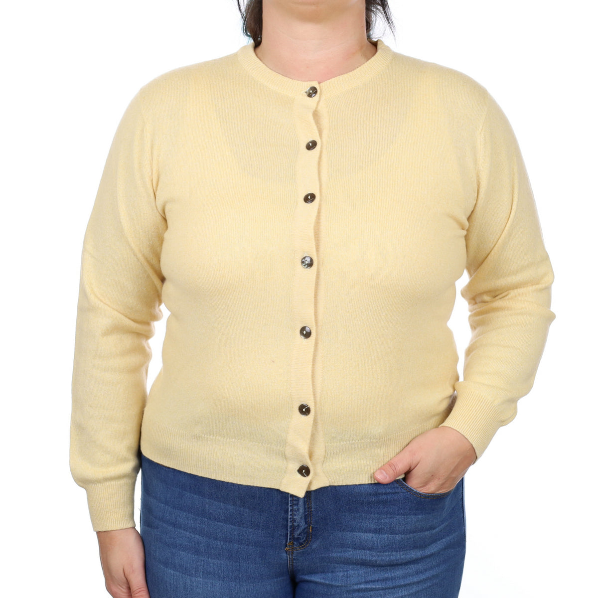 Buttermilk Yellow Cashmere Crew Neck Cardigan Large