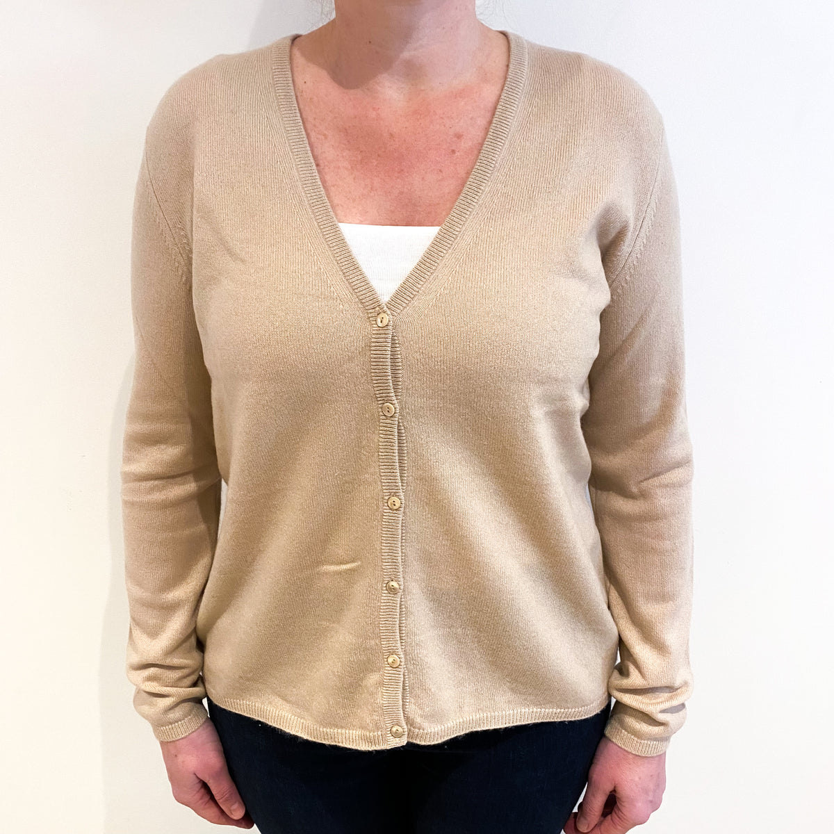 Buff Beige Cashmere V Neck Cardigan Large