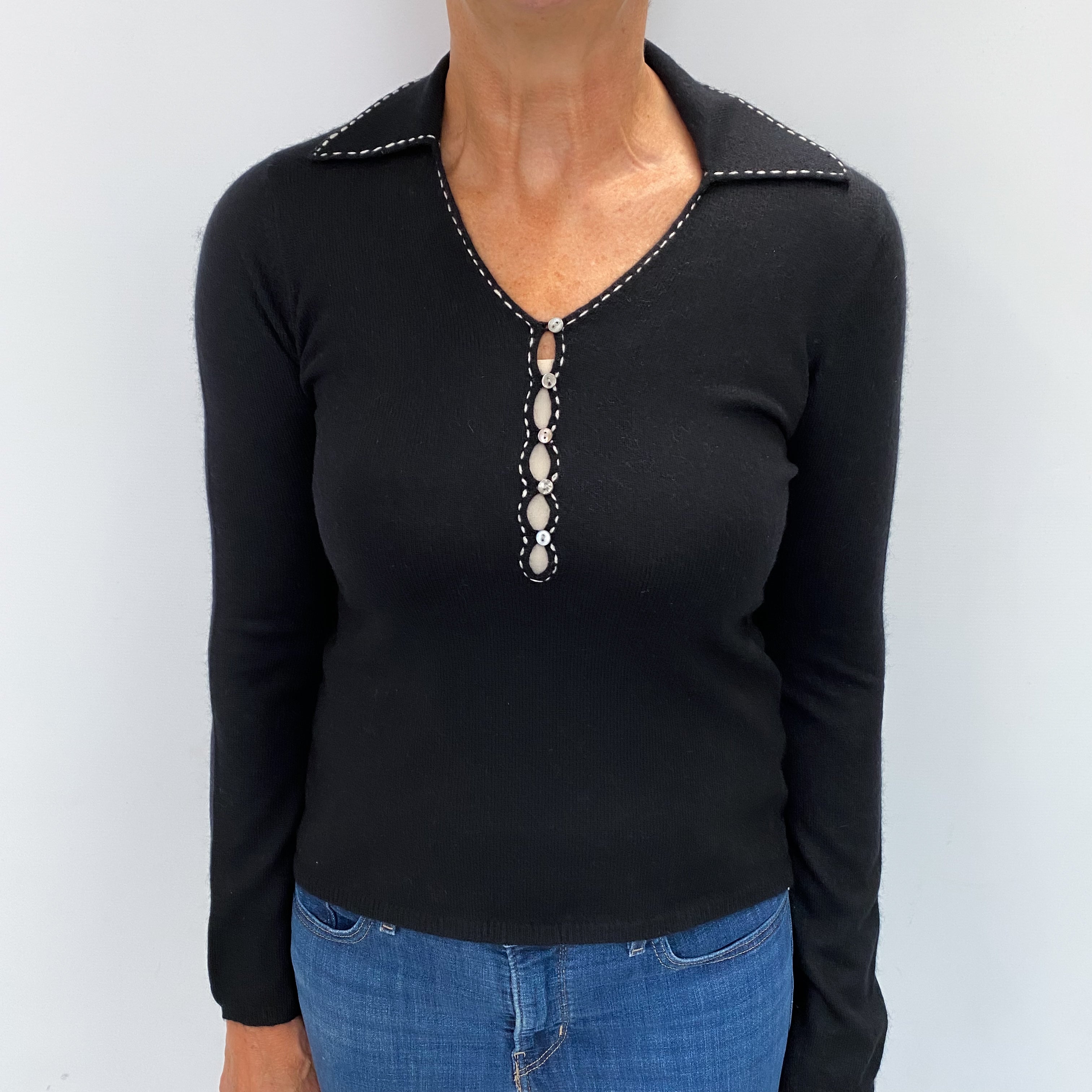 Black Cashmere Collared V Neck Jumper Medium