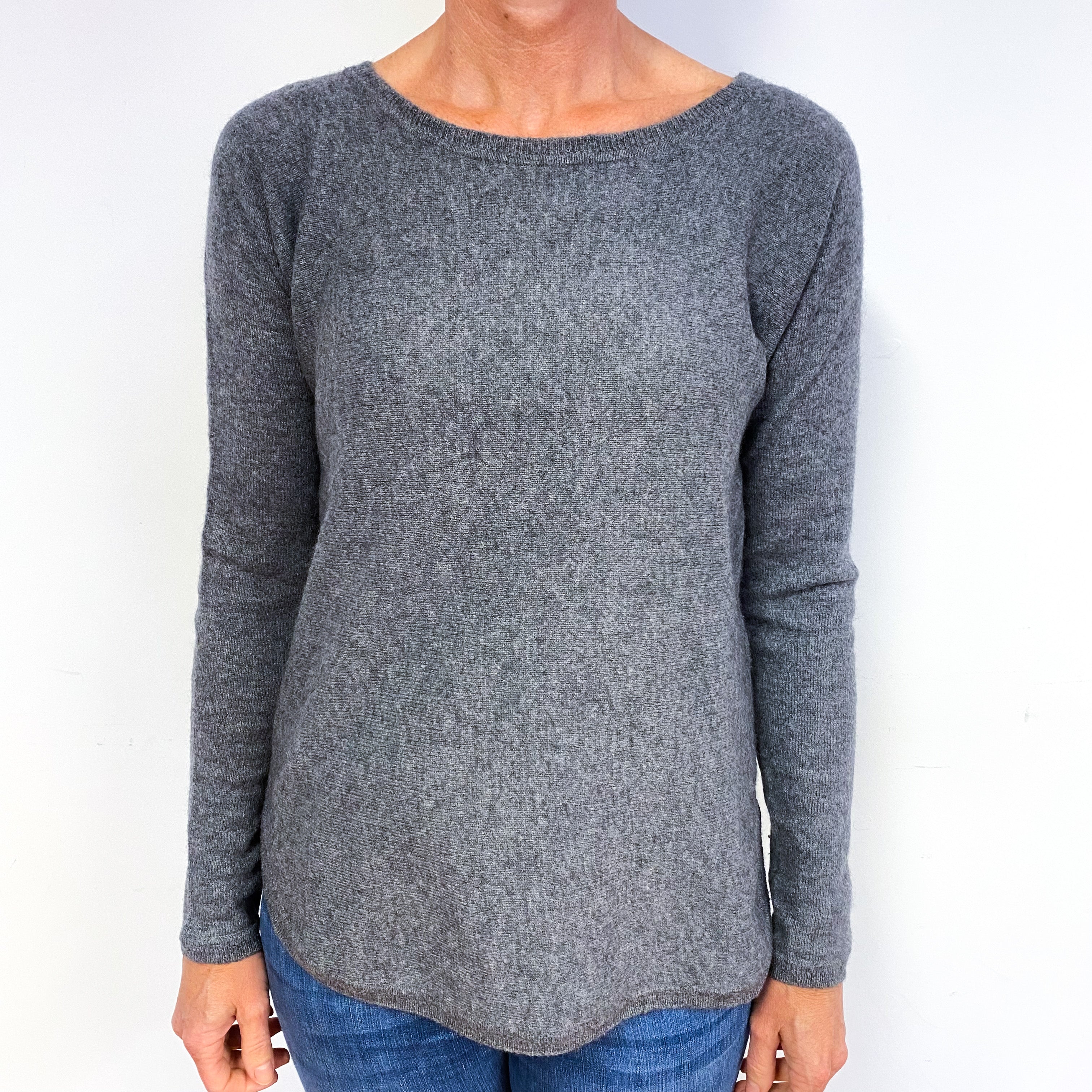 Slate Grey Scoop Hem Cashmere Crew Neck Jumper Medium