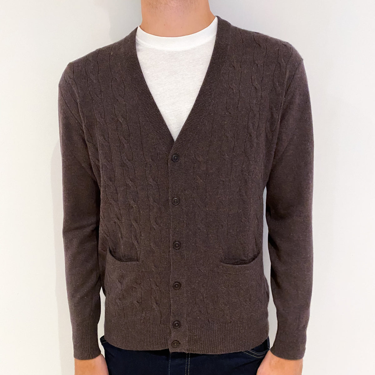 Men's Mole Brown Cable Front Cashmere V-Neck Cardigan Medium