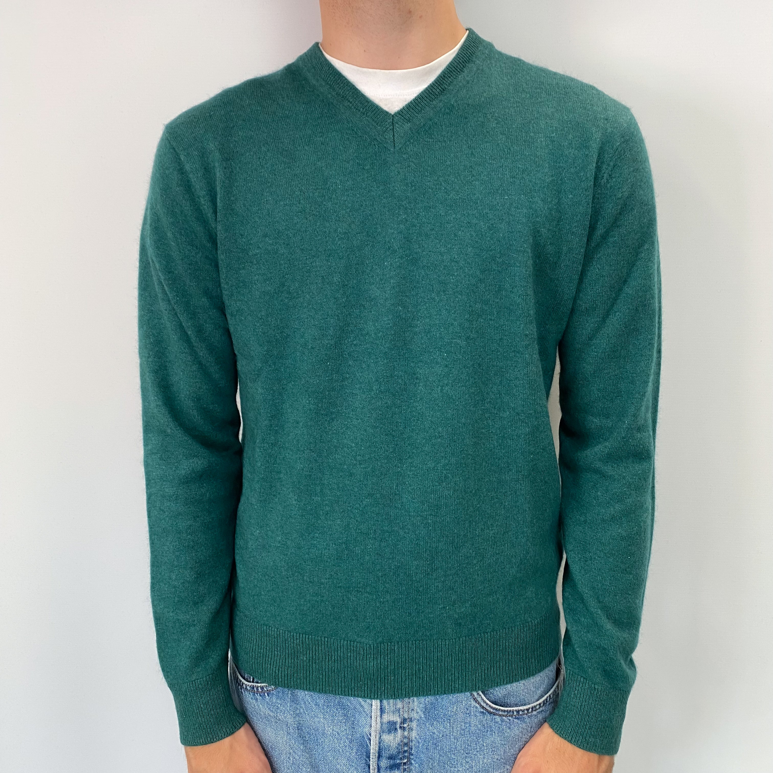 Men's Pine Green Cashmere V Neck Jumper Medium