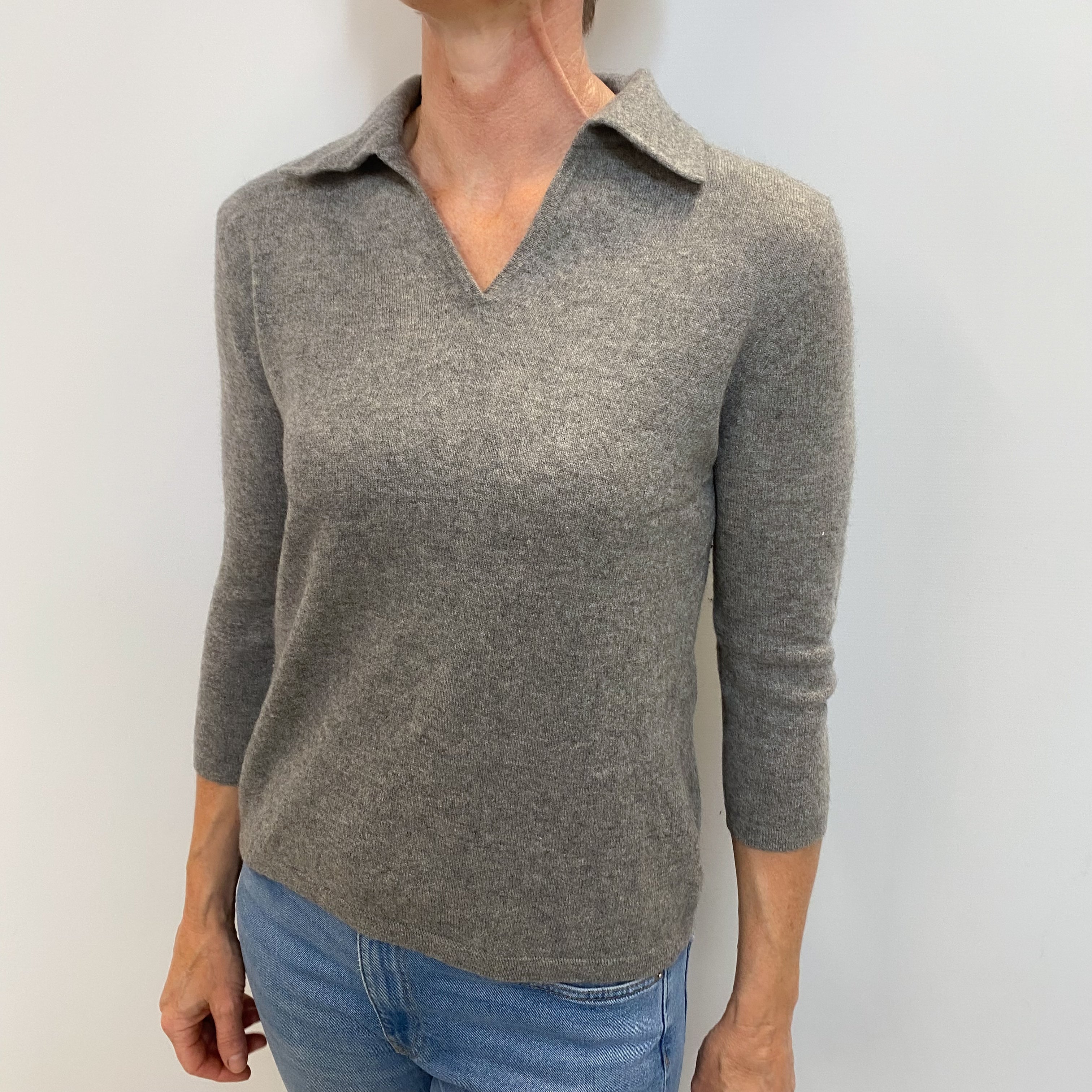 Ash Grey Cashmere Collared V Neck Jumper Small