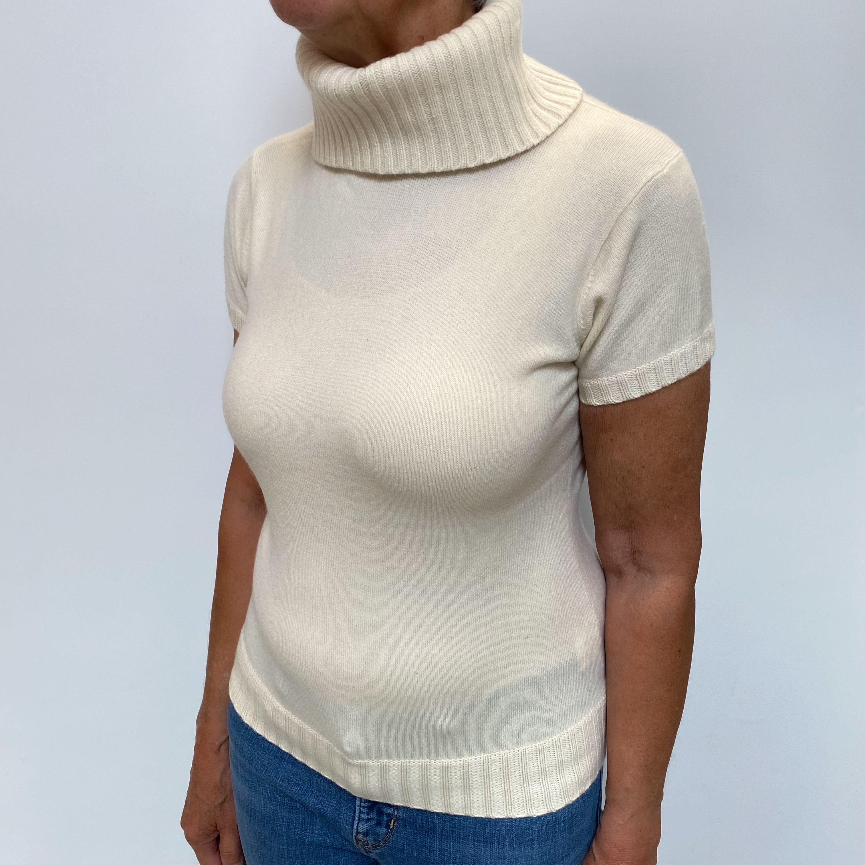 Ivory Cream Cashmere Polo Neck Short Sleeved Jumper Medium