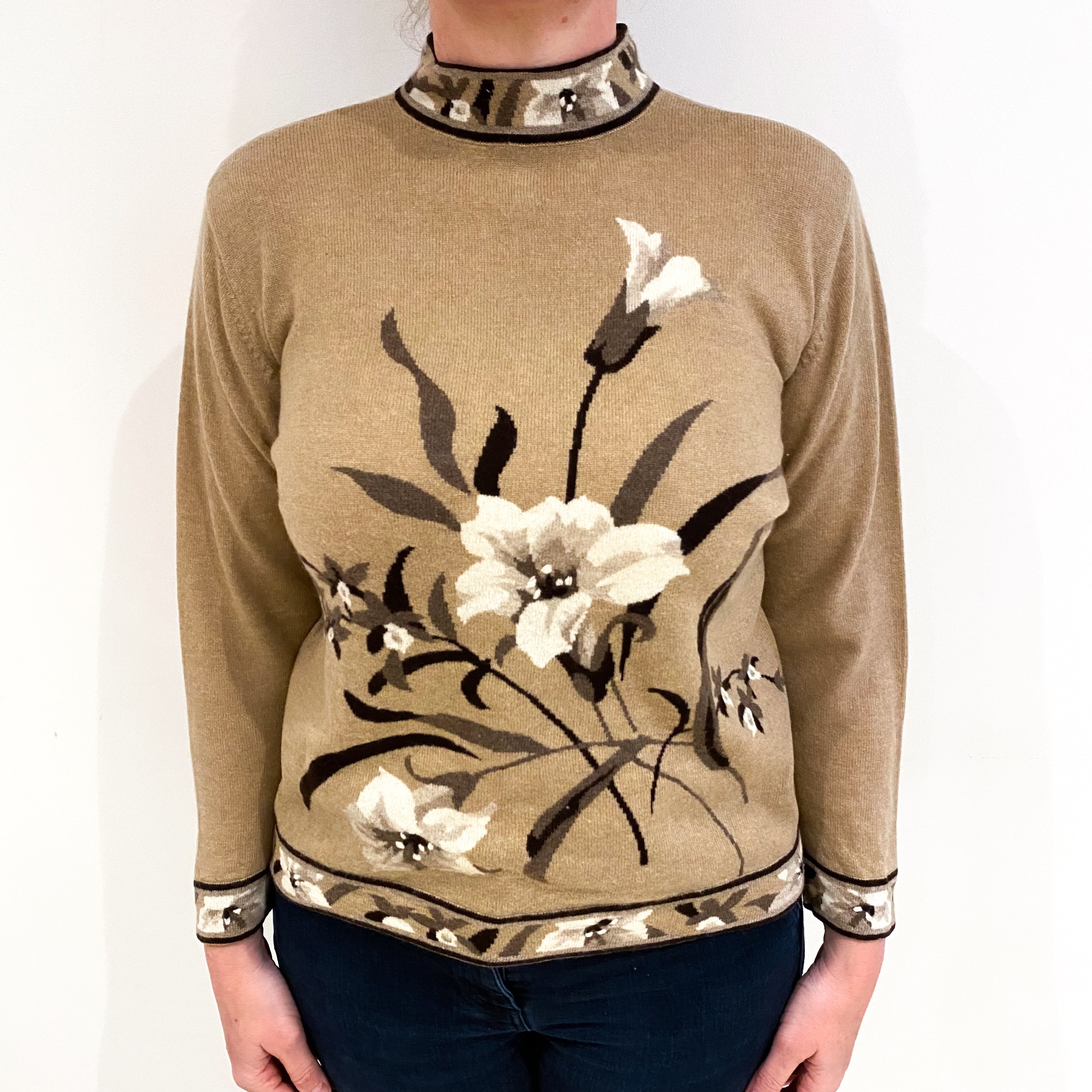 Caramel Brown Floral Cashmere Turtle Neck Jumper Large