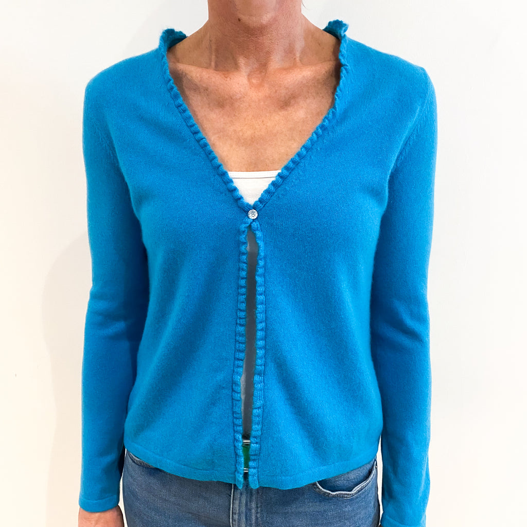Turquoise Blue Cashmere Ruffle Trim V Neck Cardigan Small