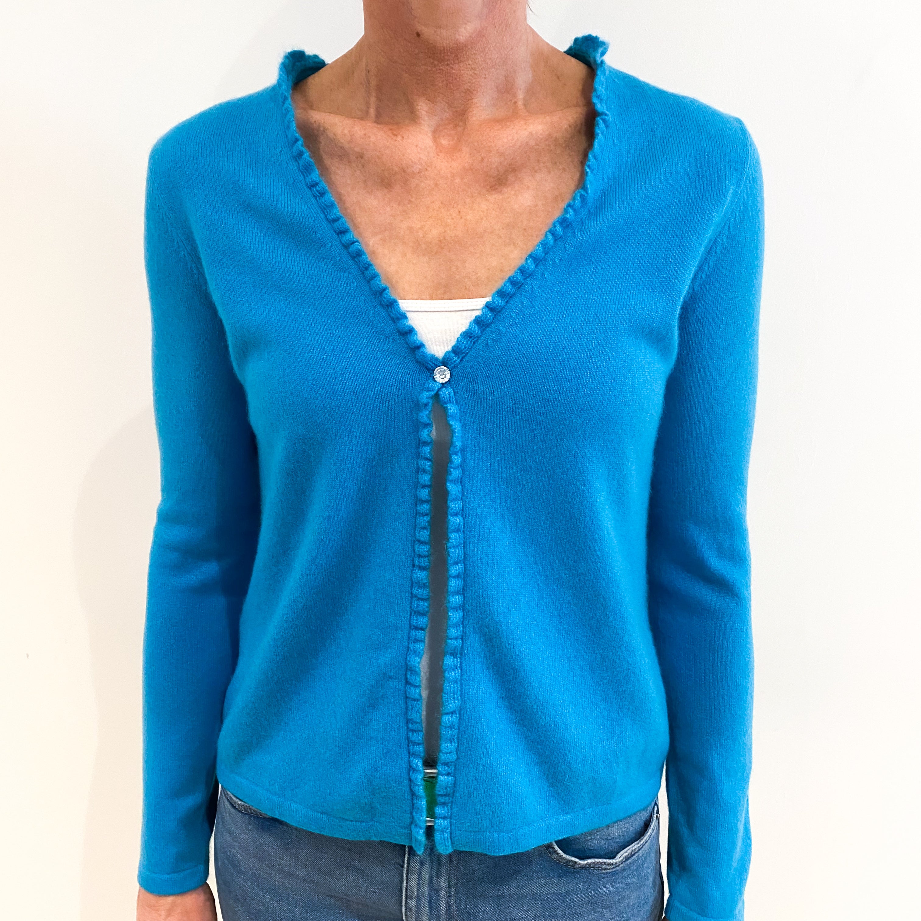 Turquoise Blue Cashmere Ruffle Trim V Neck Cardigan Small