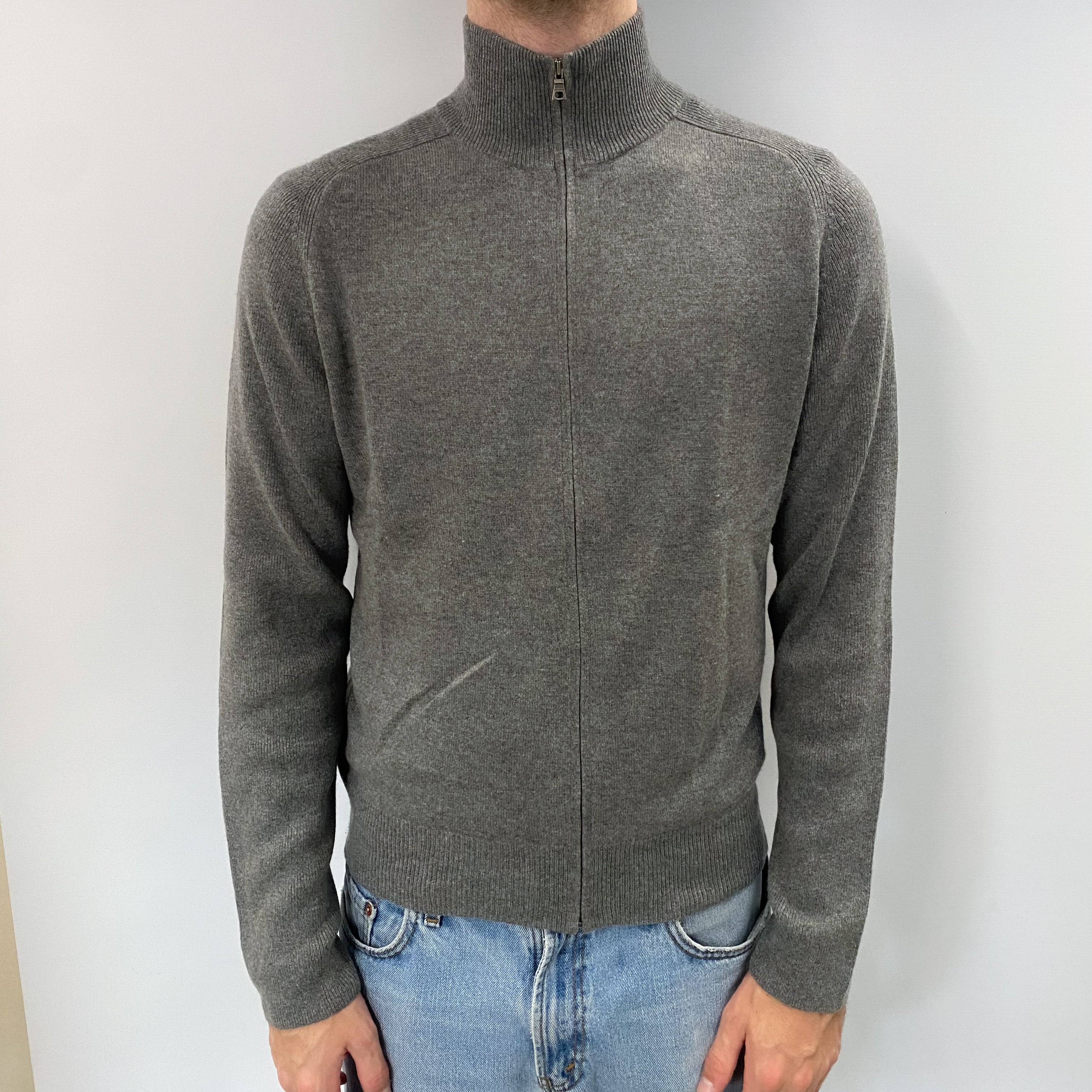 Men's Ash Grey Cashmere Zip Up Turtle Neck Cardigan Medium
