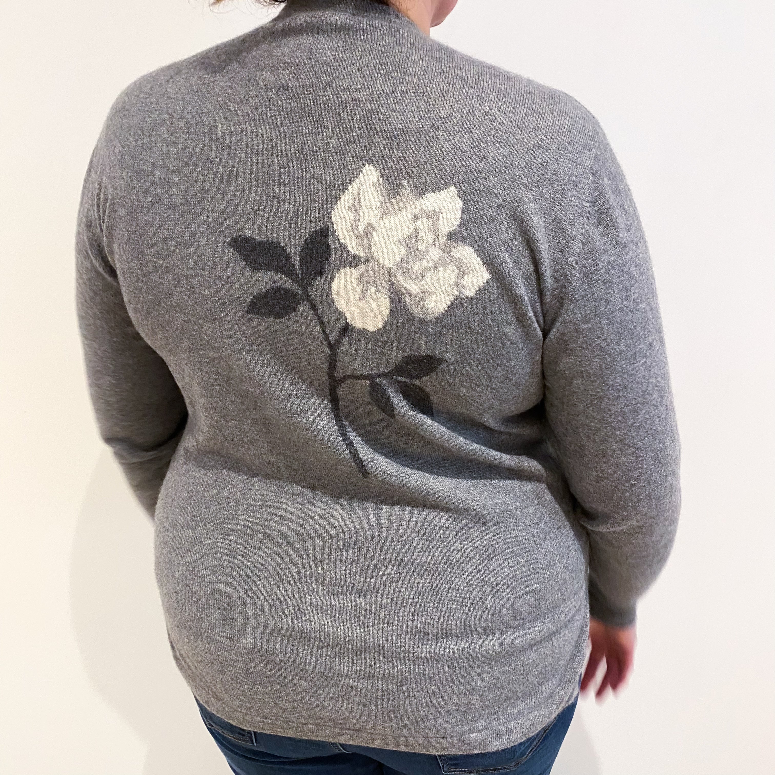 Ash Grey Floral Cashmere Crew Neck Cardigan Extra Large