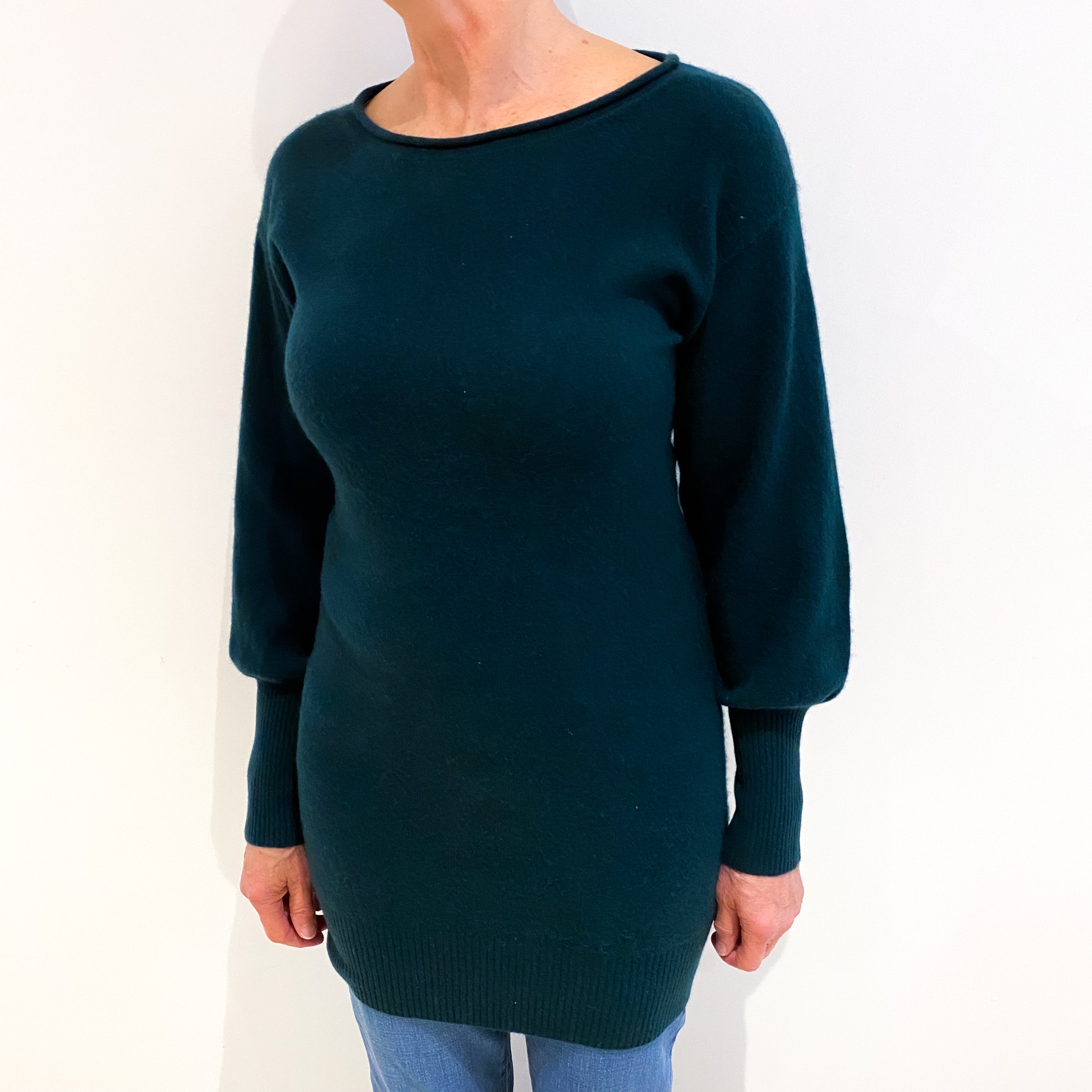Bottle Green Cashmere Crew Neck Longline Jumper Medium