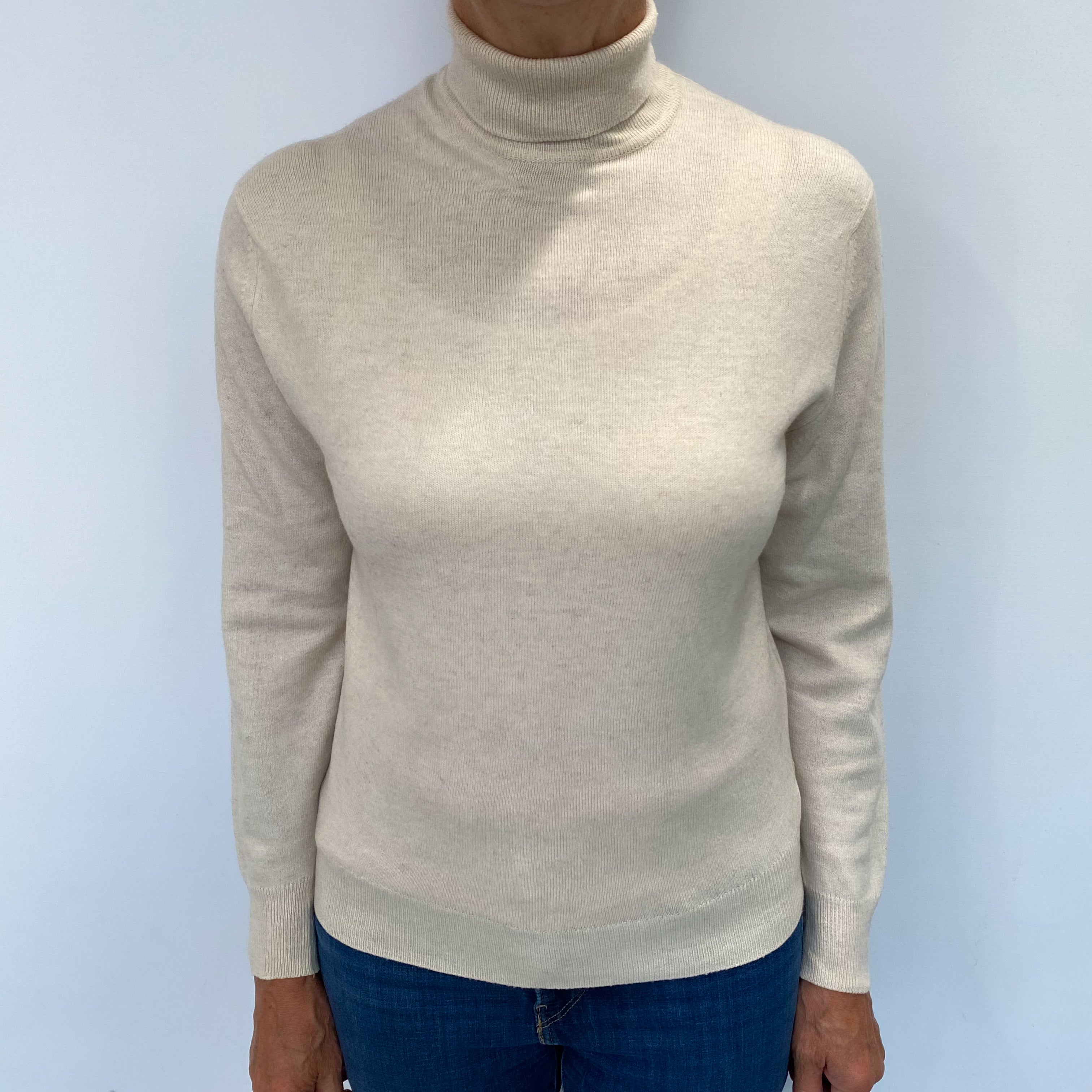 Oatmeal Beige Cashmere Polo Neck Jumper Medium