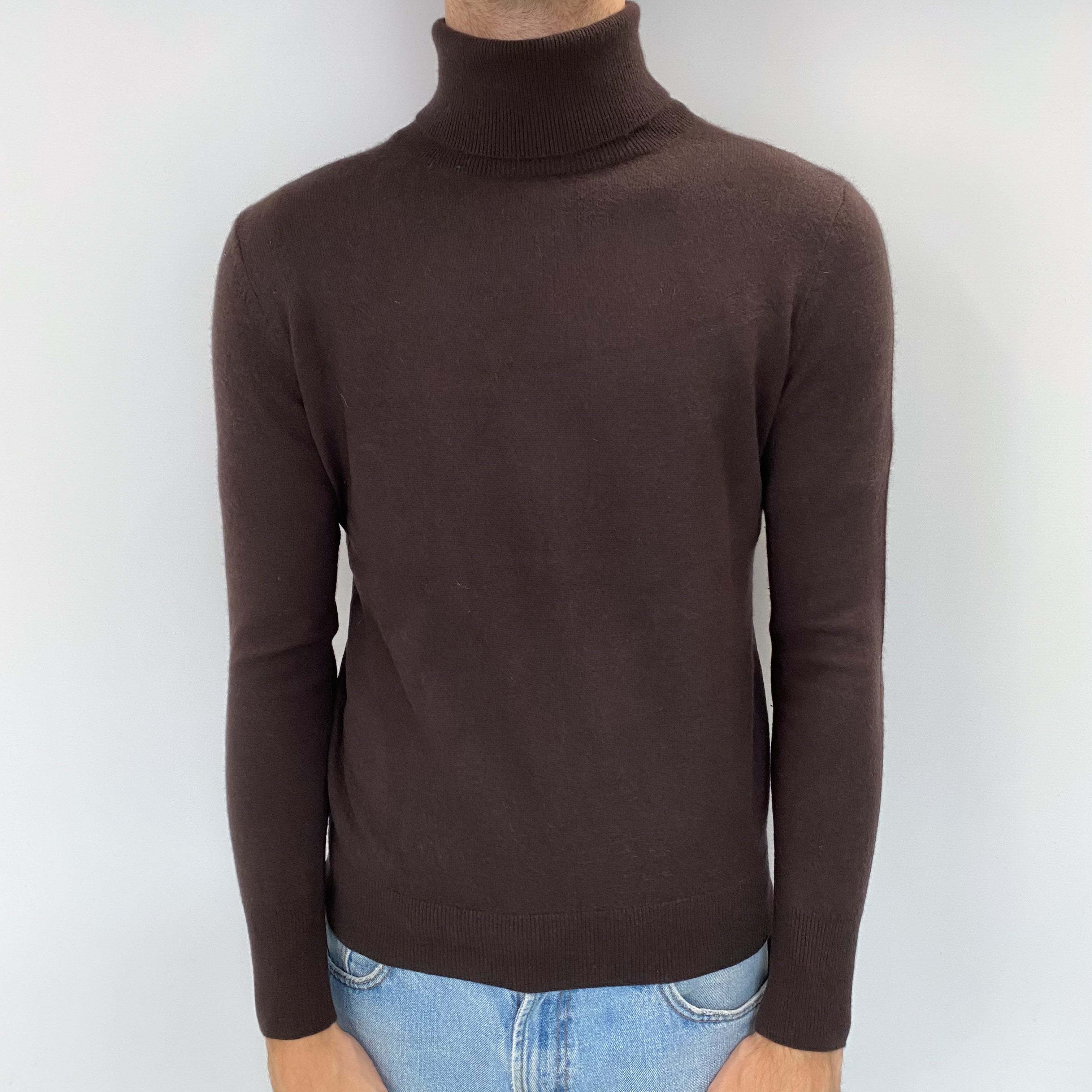 Men's Dark Chocolate Cashmere Polo Neck Jumper Medium