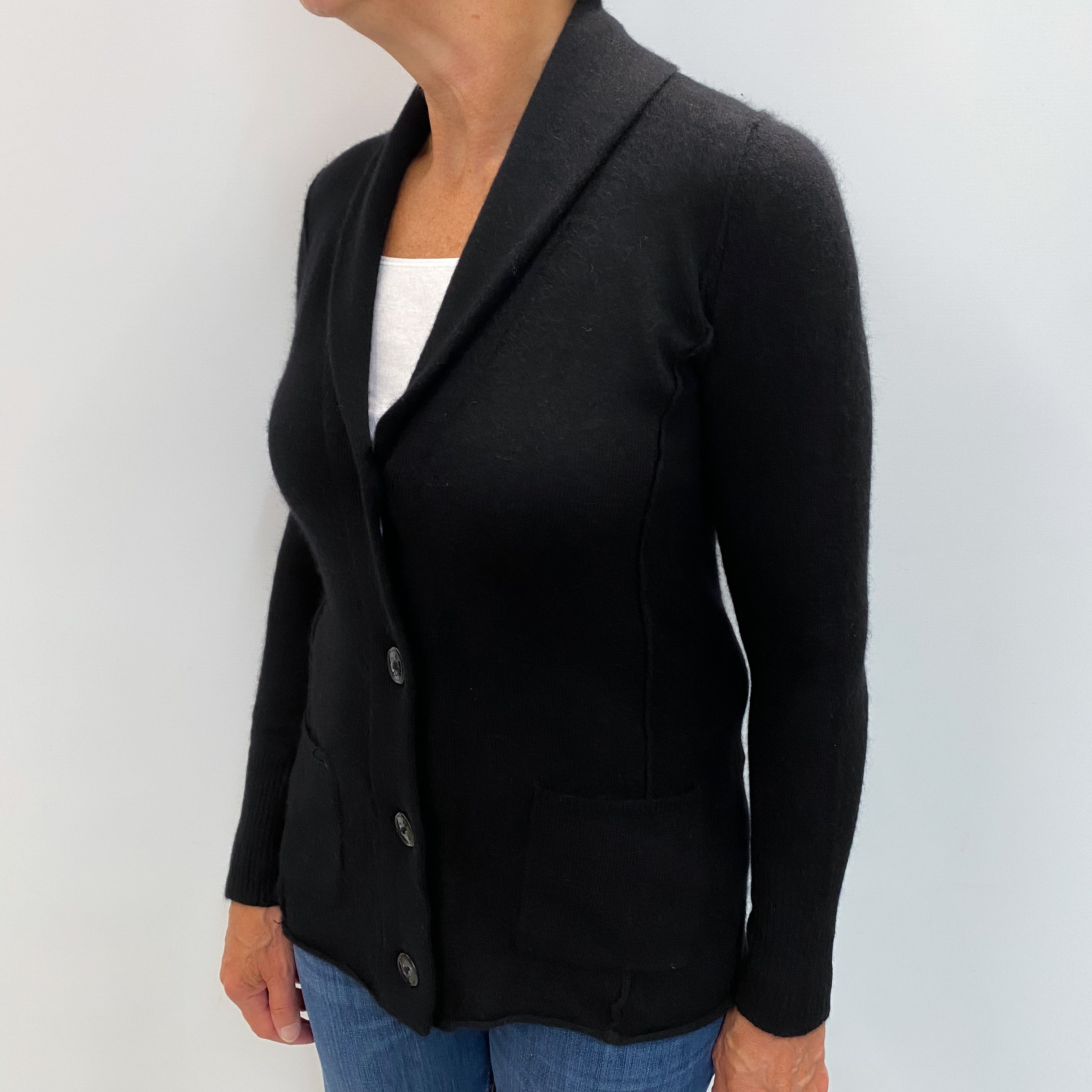 Black Cashmere Collared V Neck Cardigan Medium