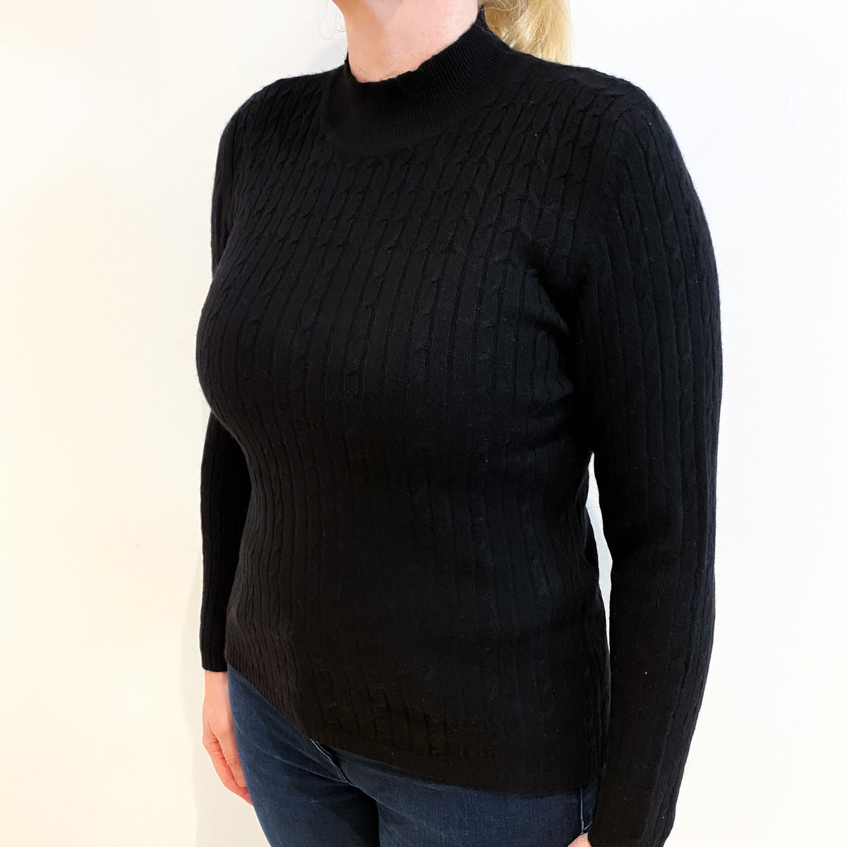 Black Cable Cashmere Turtle Neck Jumper Large