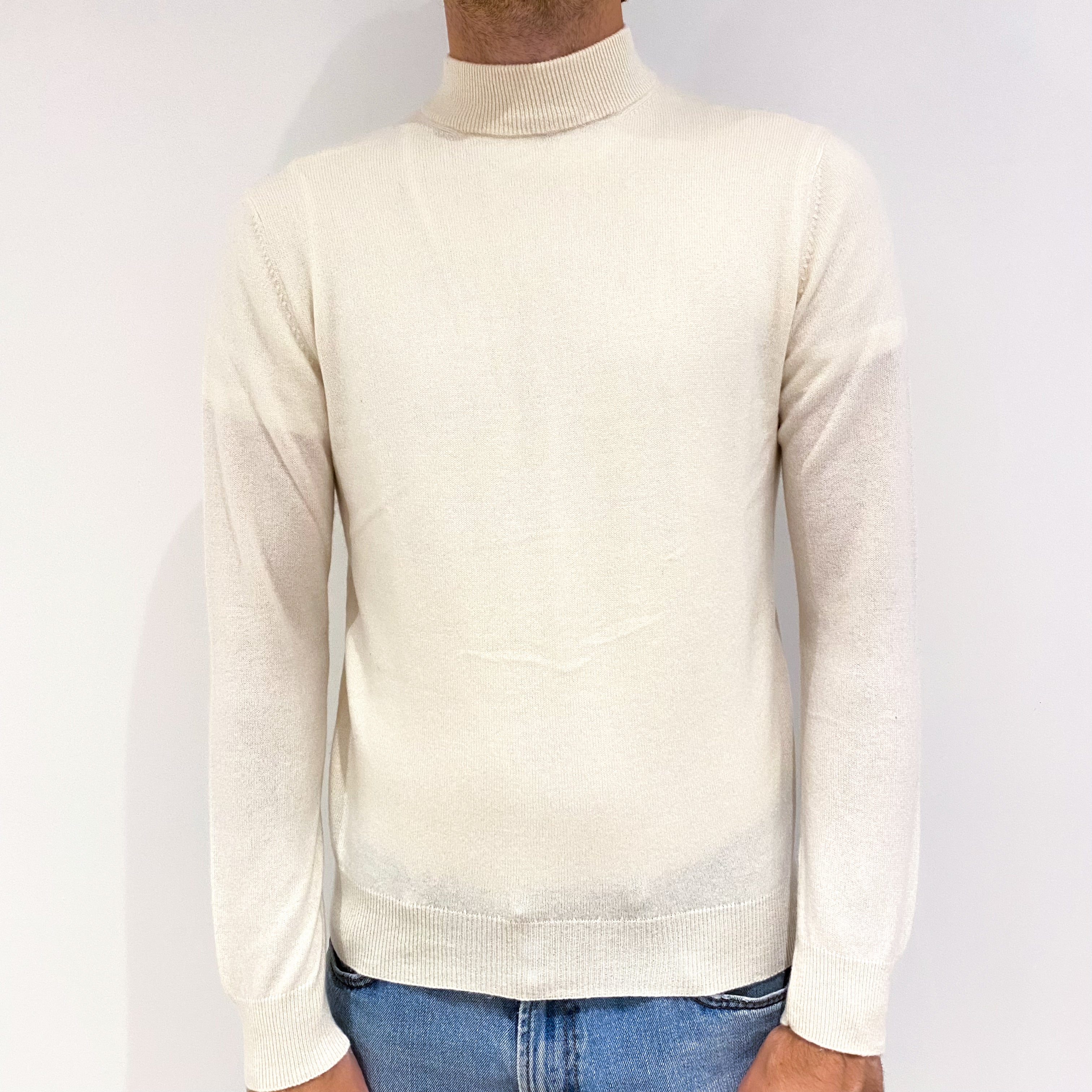 Men's Cream Cashmere Turtle Neck Jumper Medium