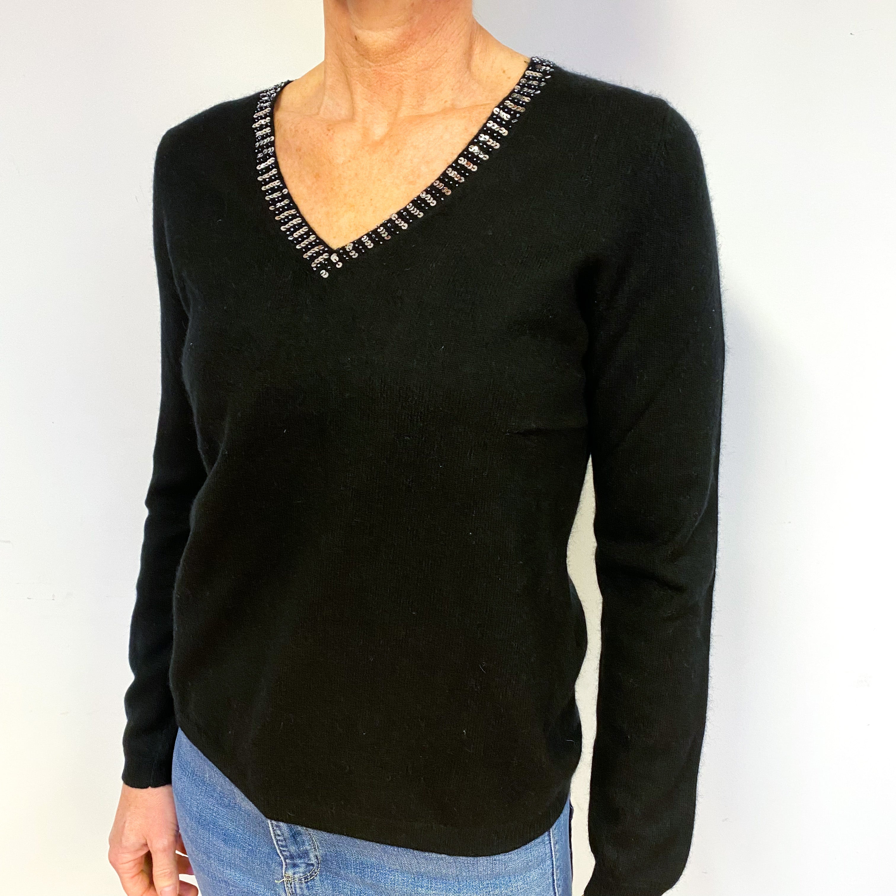 Black Cashmere V-Neck Jumper Medium