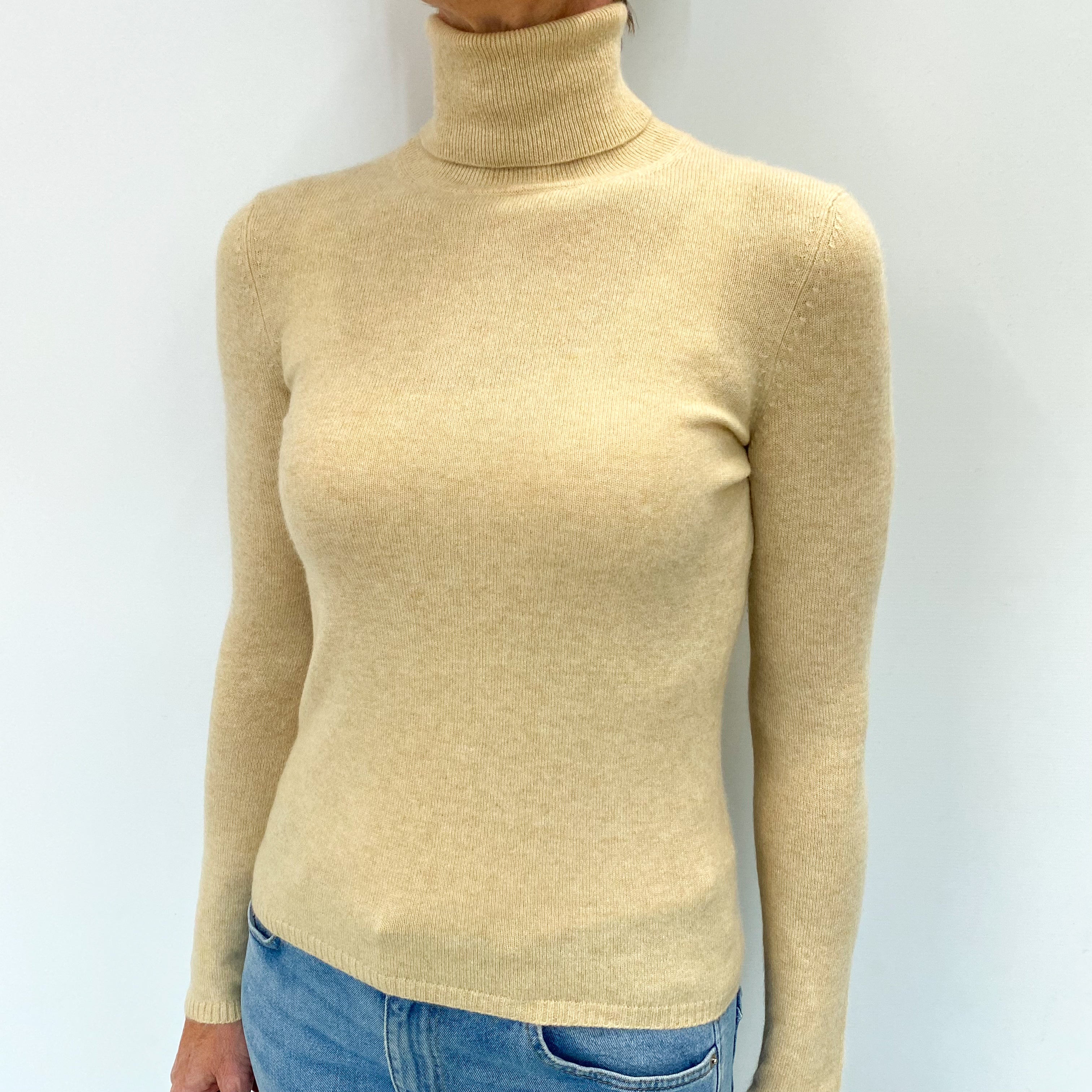 Oatmeal Beige Cashmere Polo Neck Jumper Small