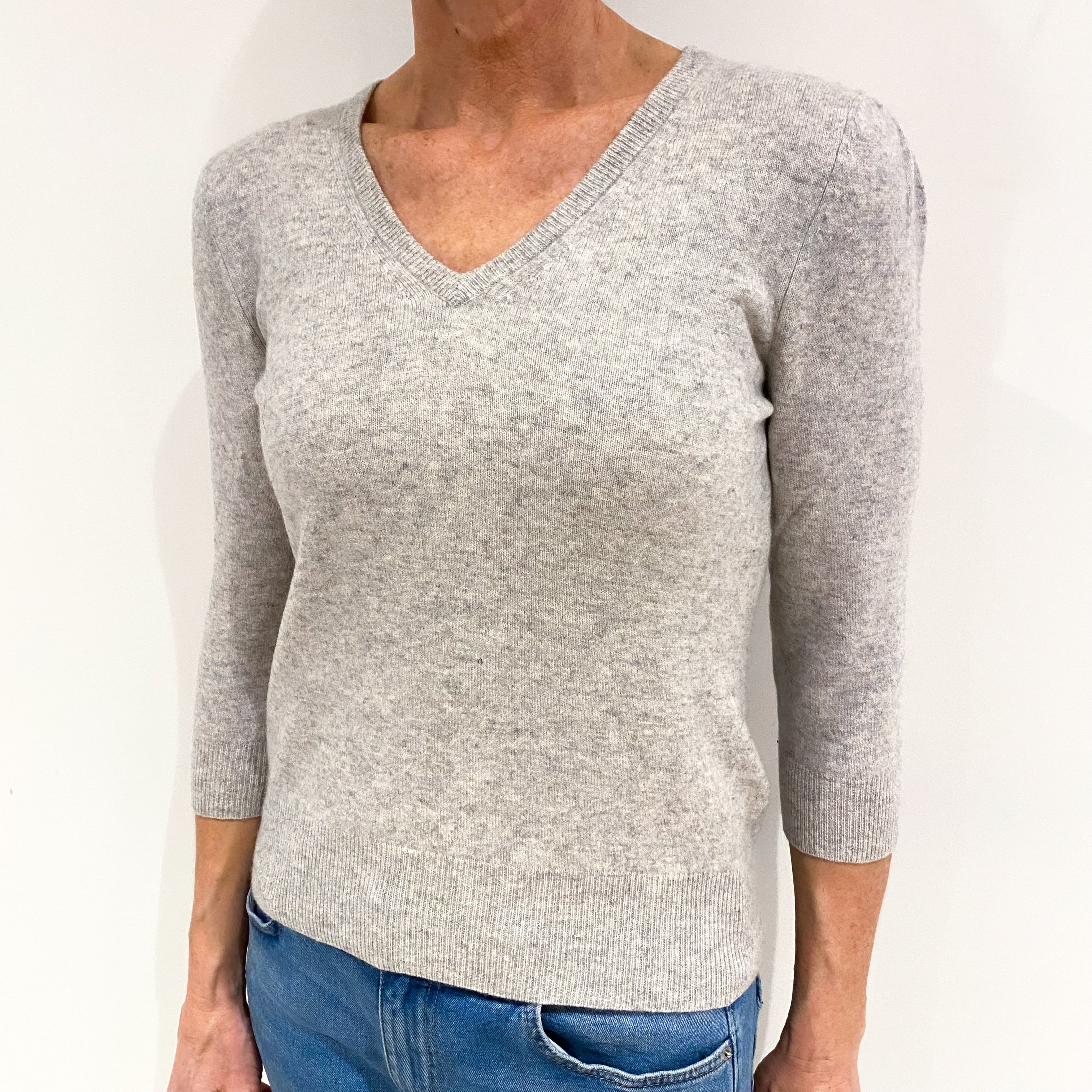 Mist Grey 3/4 Sleeve Cashmere V Neck Jumper Small