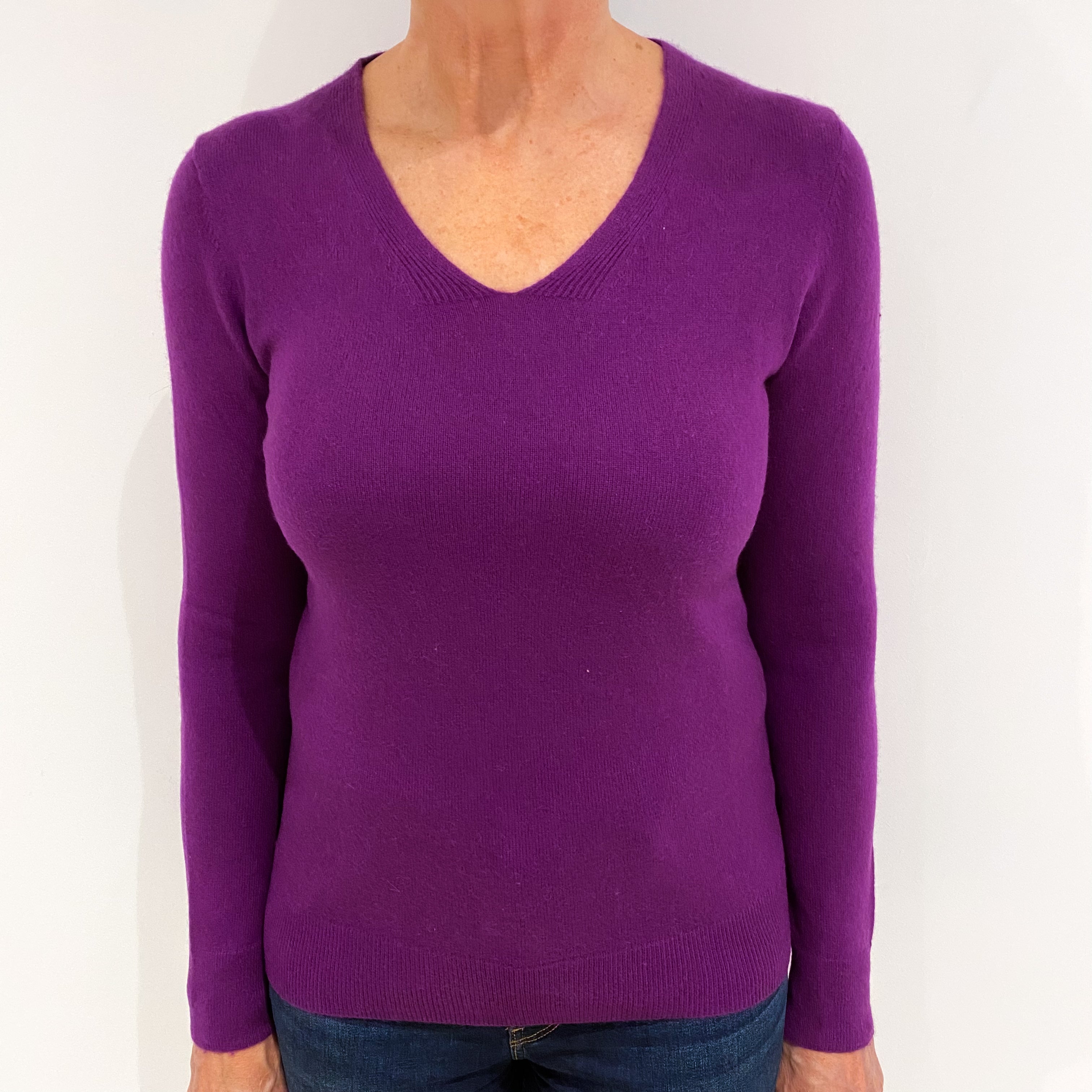 Deep Magenta Purple Cashmere V Neck Jumper Medium