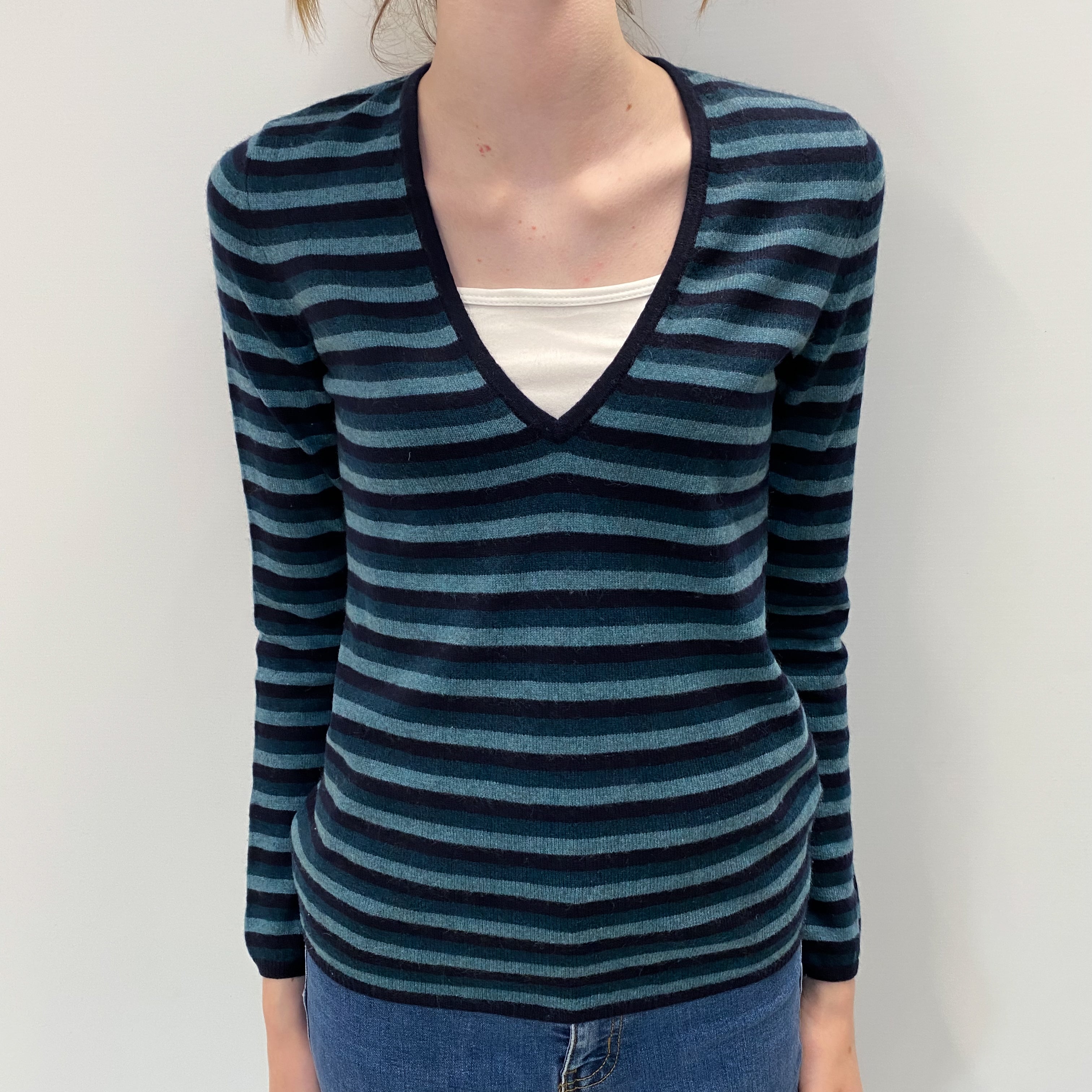 Blue and Navy Striped Cashmere V Neck Jumper Extra Small
