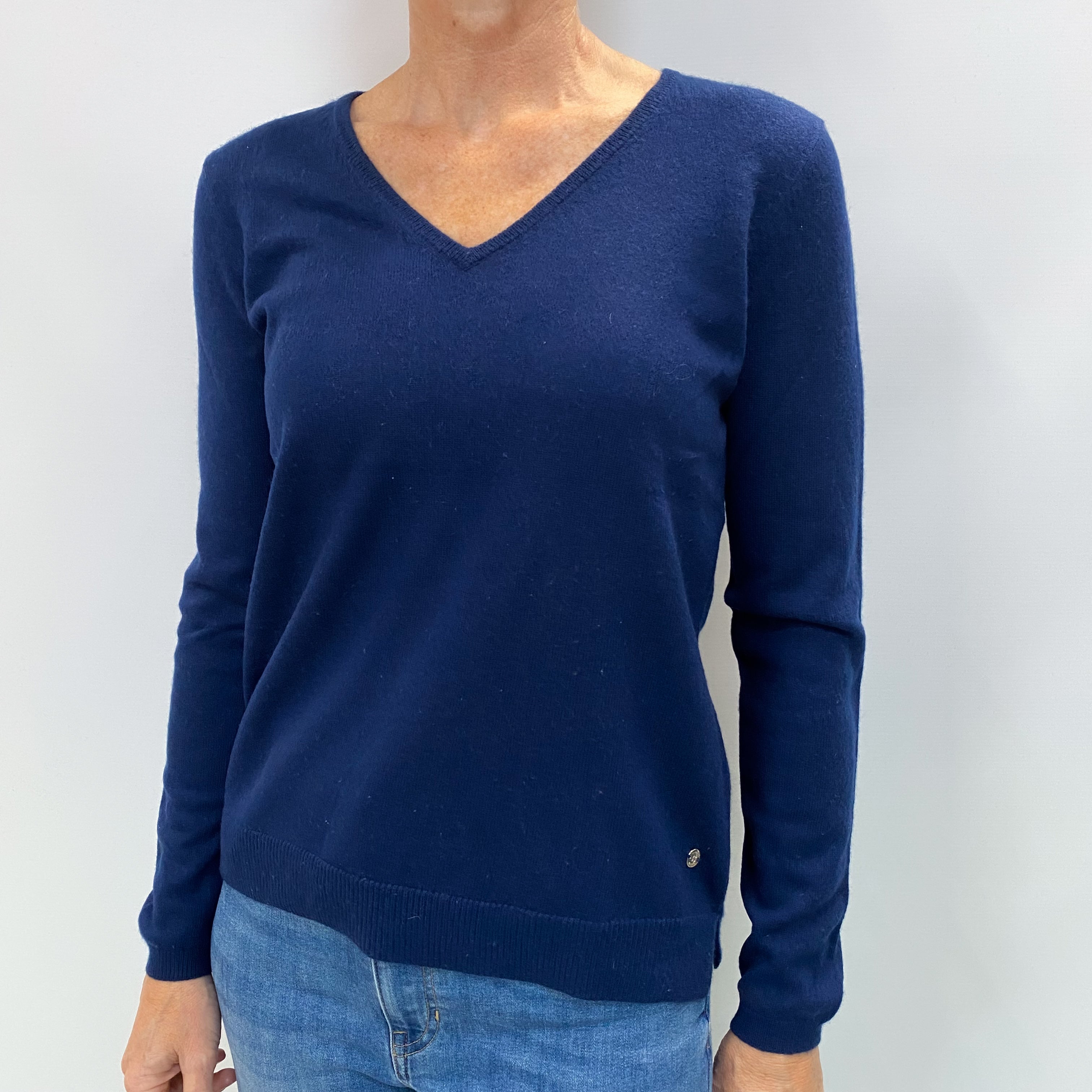 Navy Blue Cashmere V Neck Jumper Small