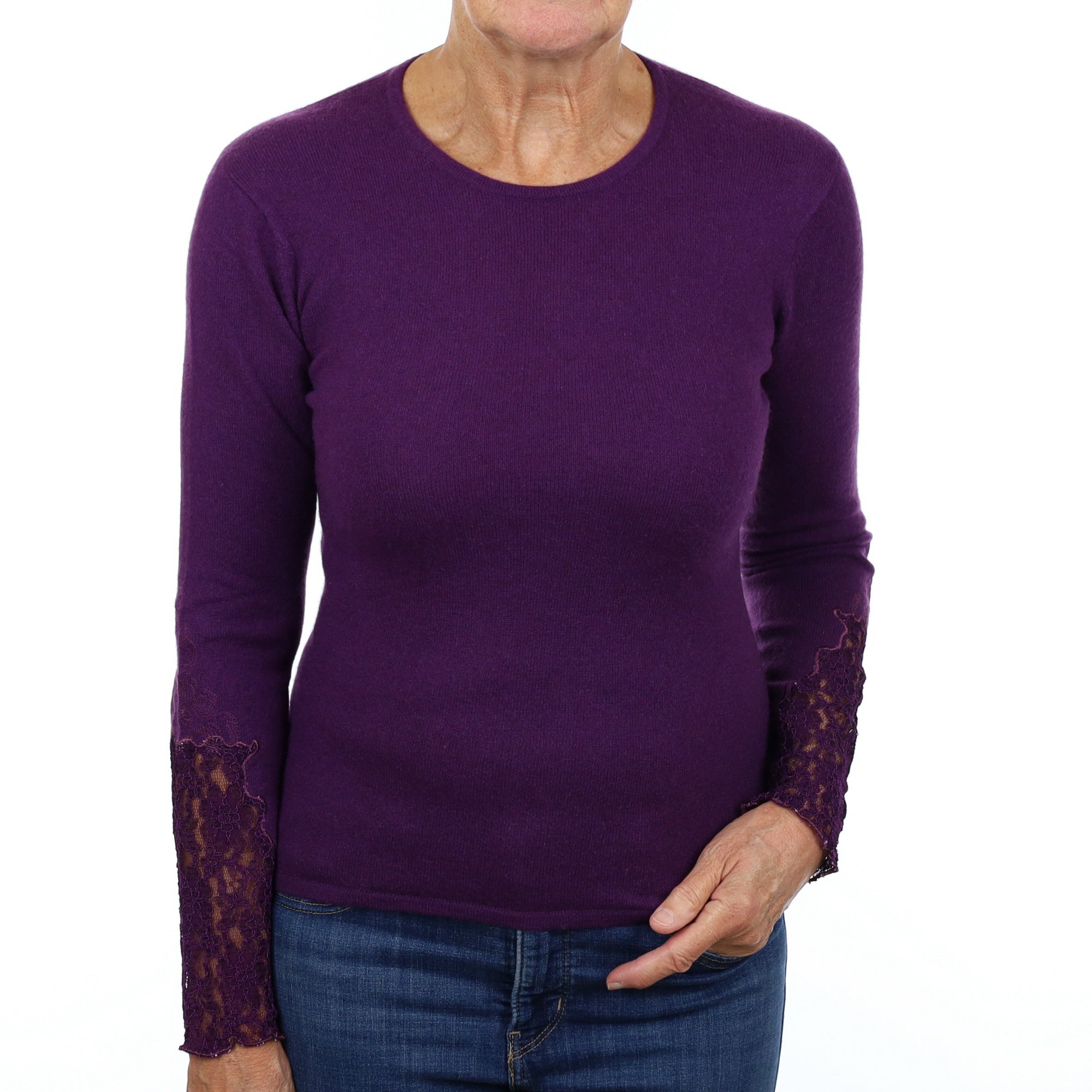 Iris Purple Cashmere Lace Sleeve Crew Neck Jumper Medium