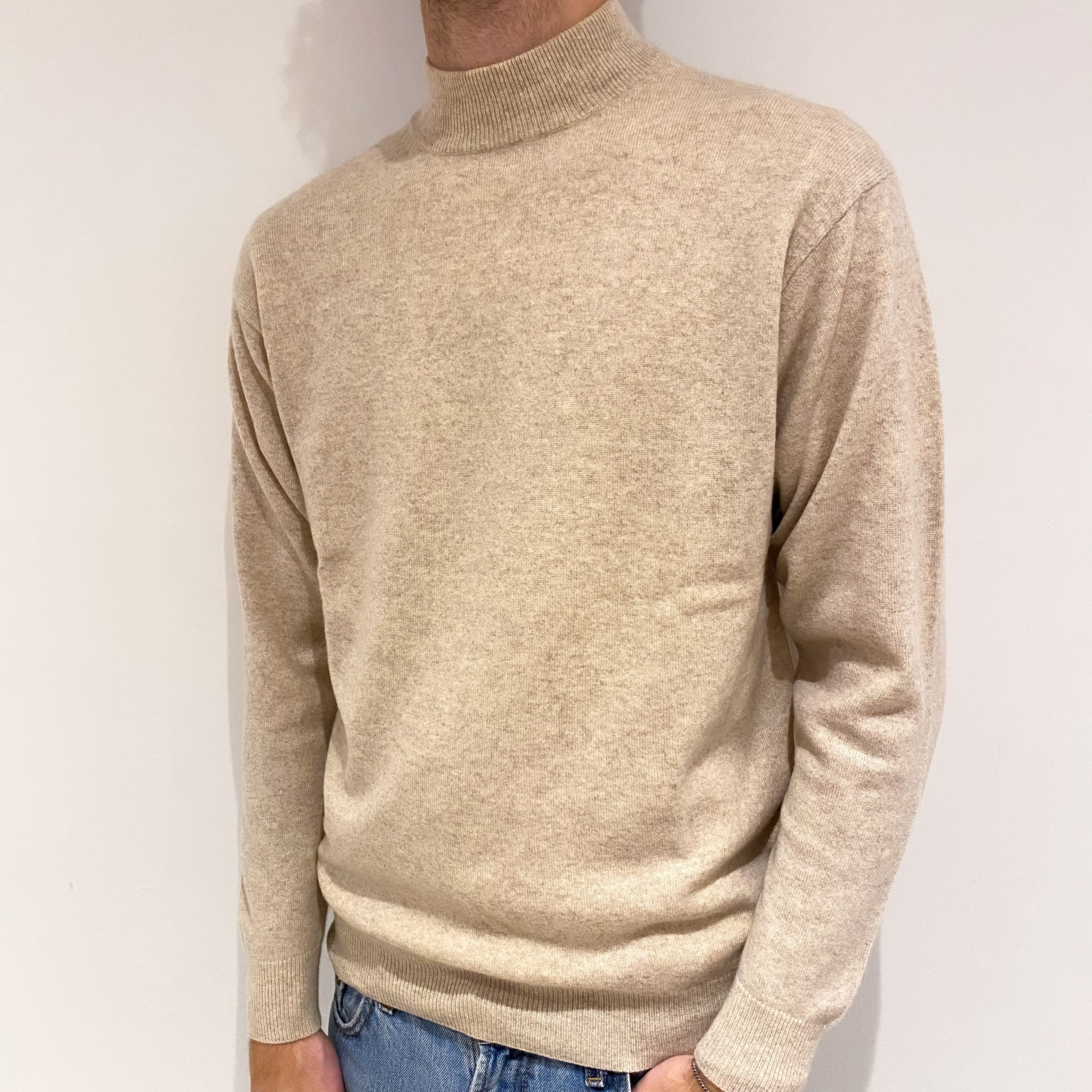 Men's Honey Beige Cashmere Turtle Neck Jumper Large