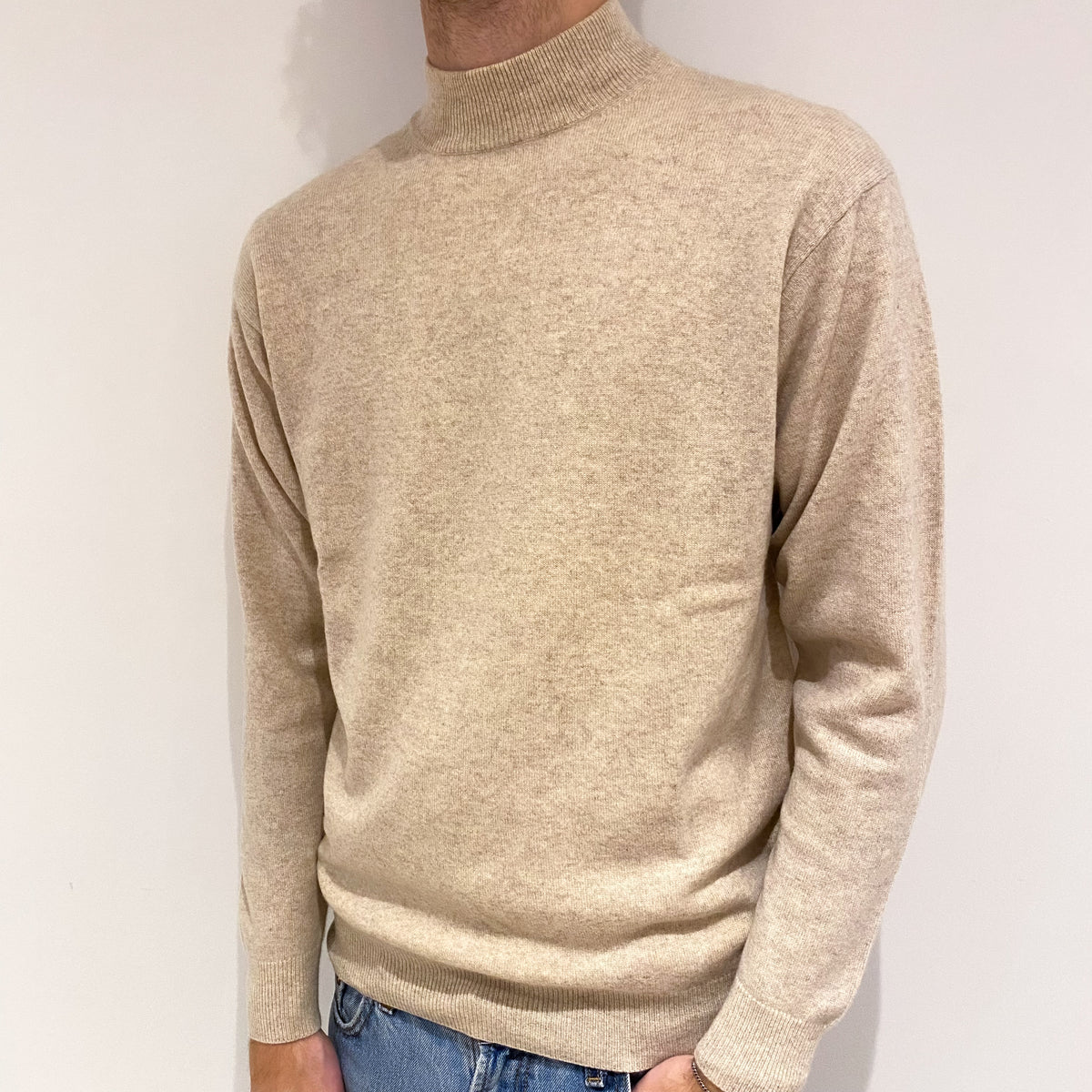 Men's Honey Beige Cashmere Turtle Neck Jumper Large