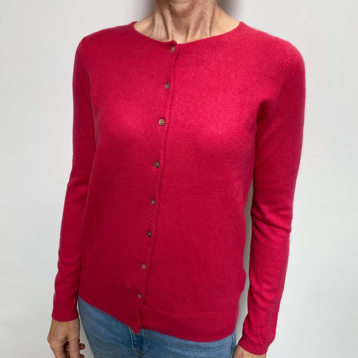 Cranberry Pink Cashmere Crew Neck Cardigan Small