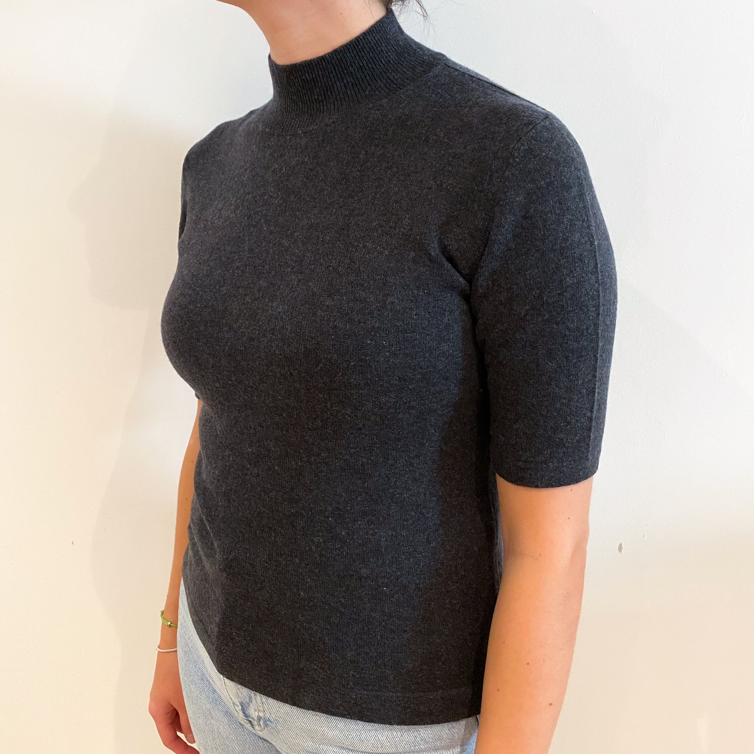 Charcoal Grey Cashmere Turtle Neck Short Sleeved Jumper Small