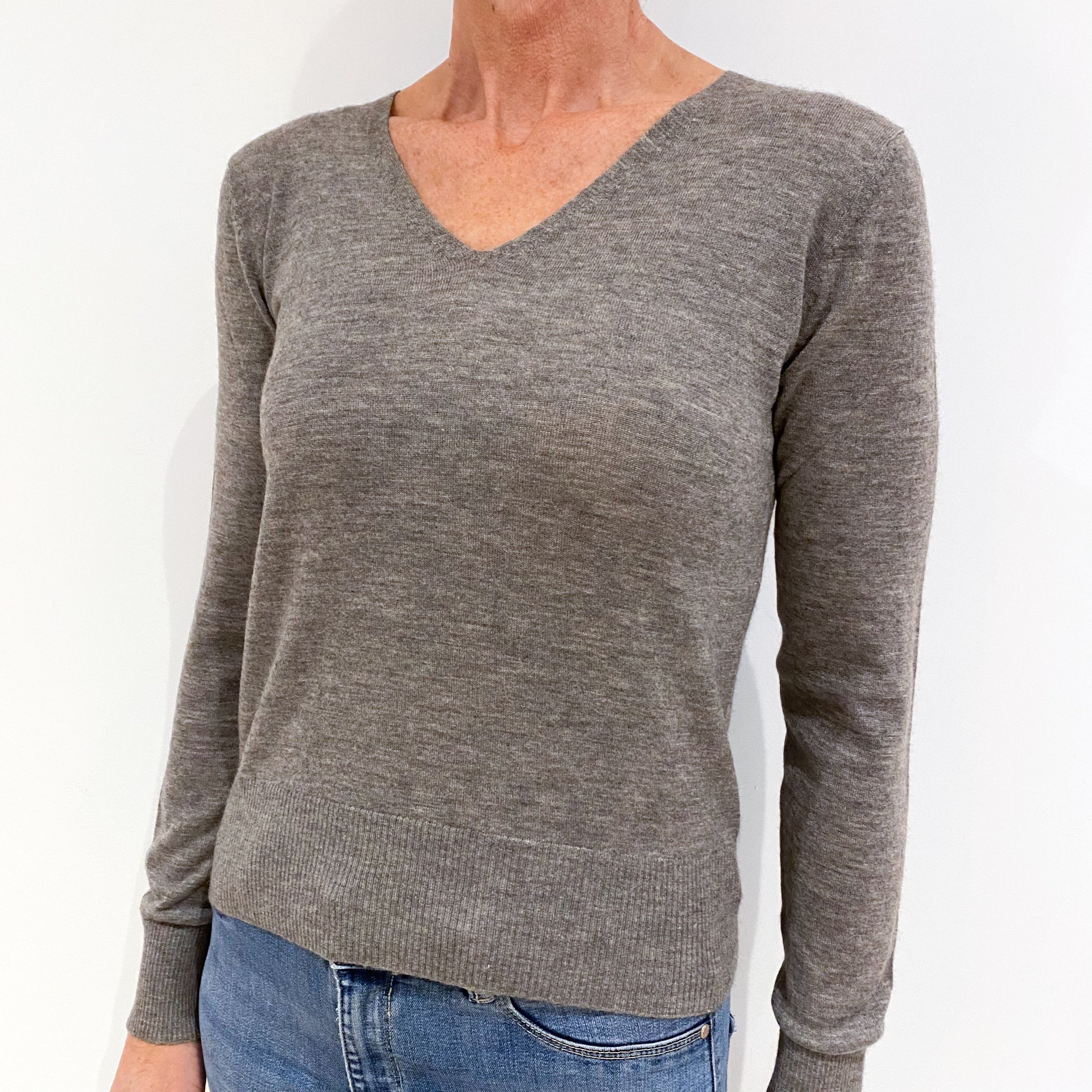 Ash Grey Fine Knit Cashmere V-Neck Jumper Small