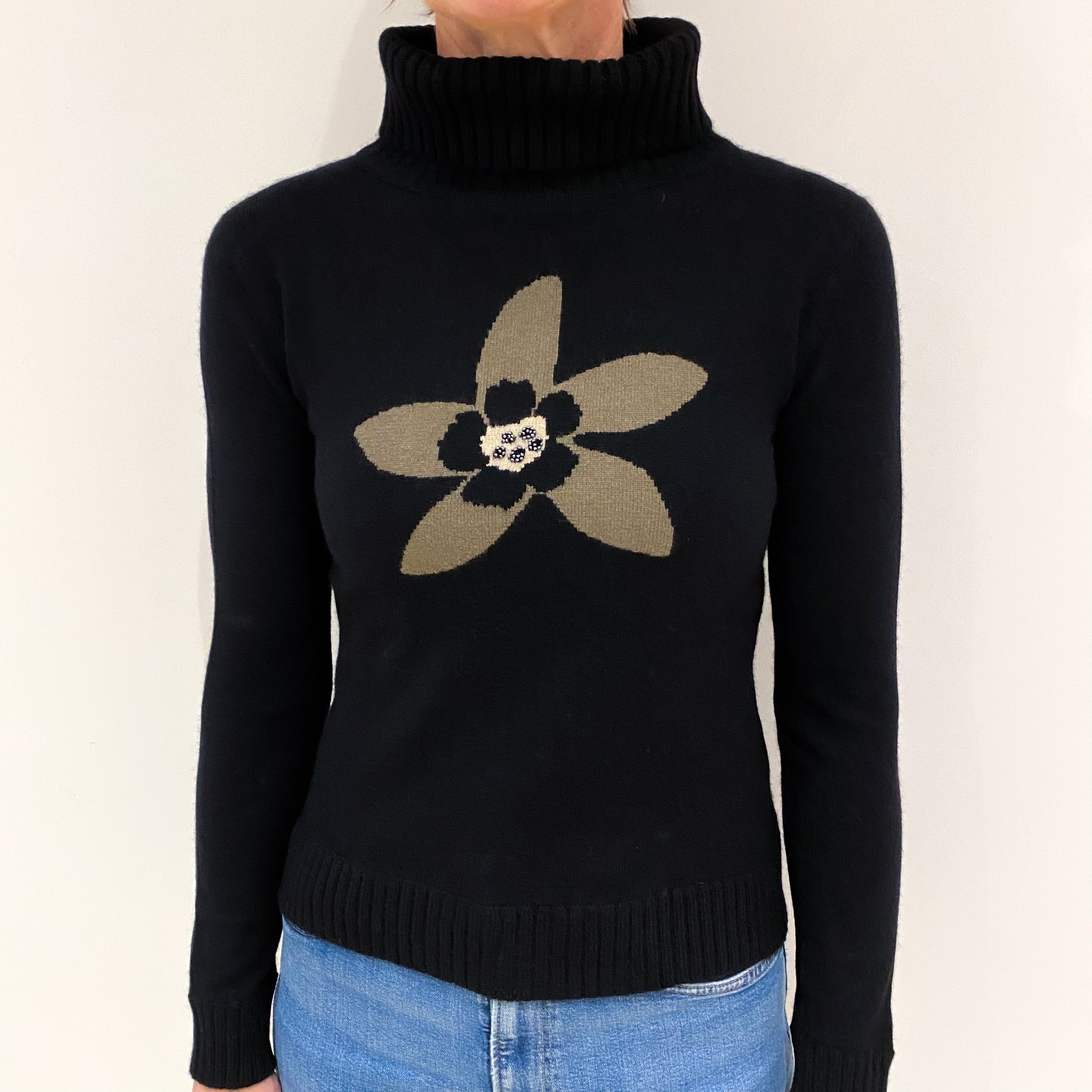 Black with Khaki Flower Design and Bead Embellishment Cashmere Polo Neck Jumper Small