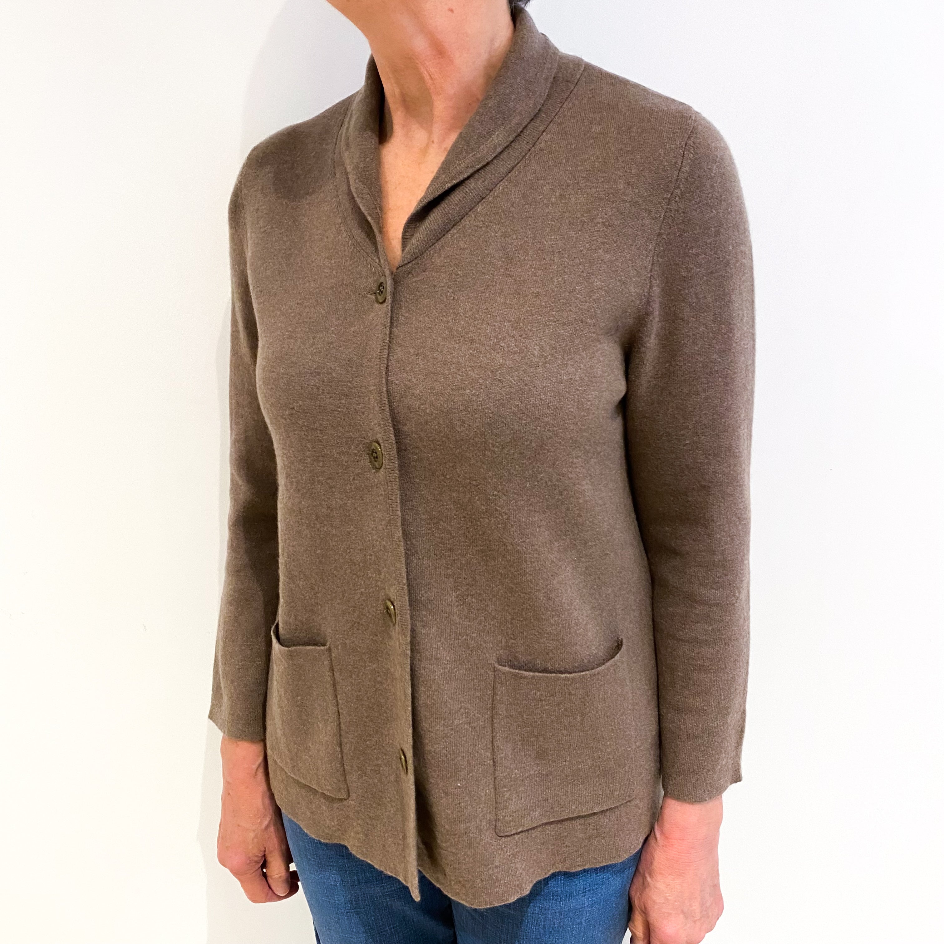 Mocha Brown Cashmere Shawl Collar Longline Cardigan With Pockets Medium