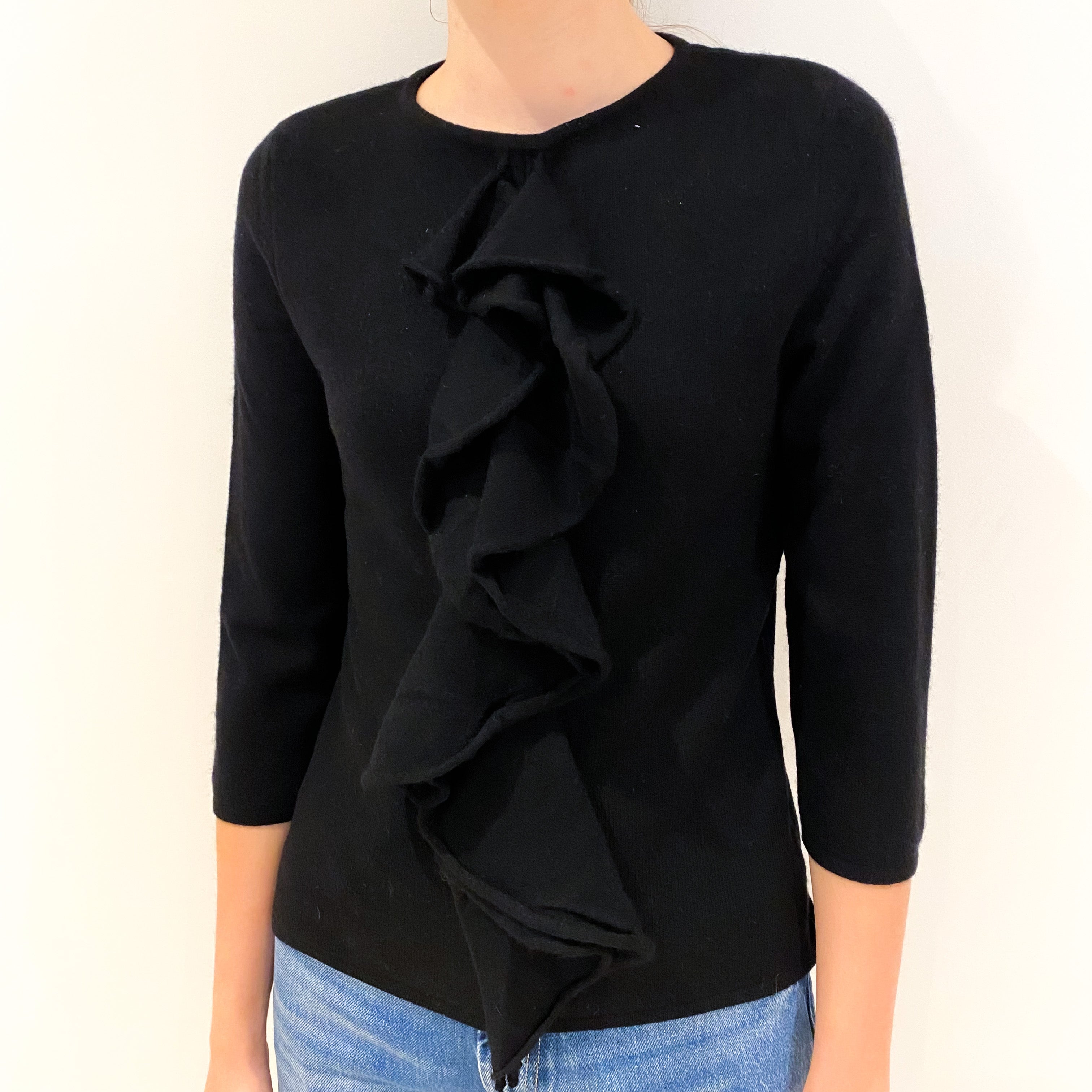 Black Ruffle Front Cashmere Crew Neck Jumper Extra Small