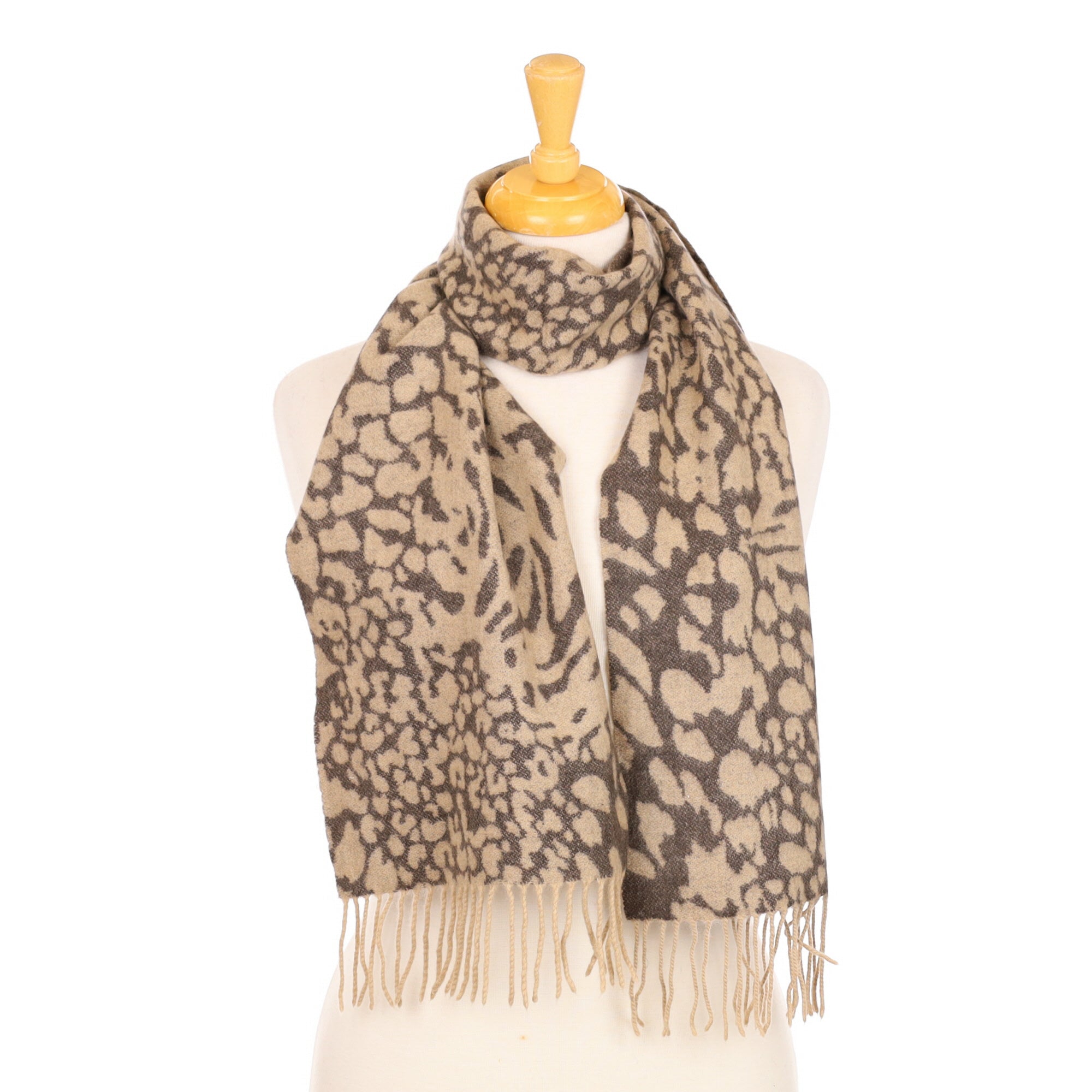 Mocha Animal Print Fringed Woven Scarf