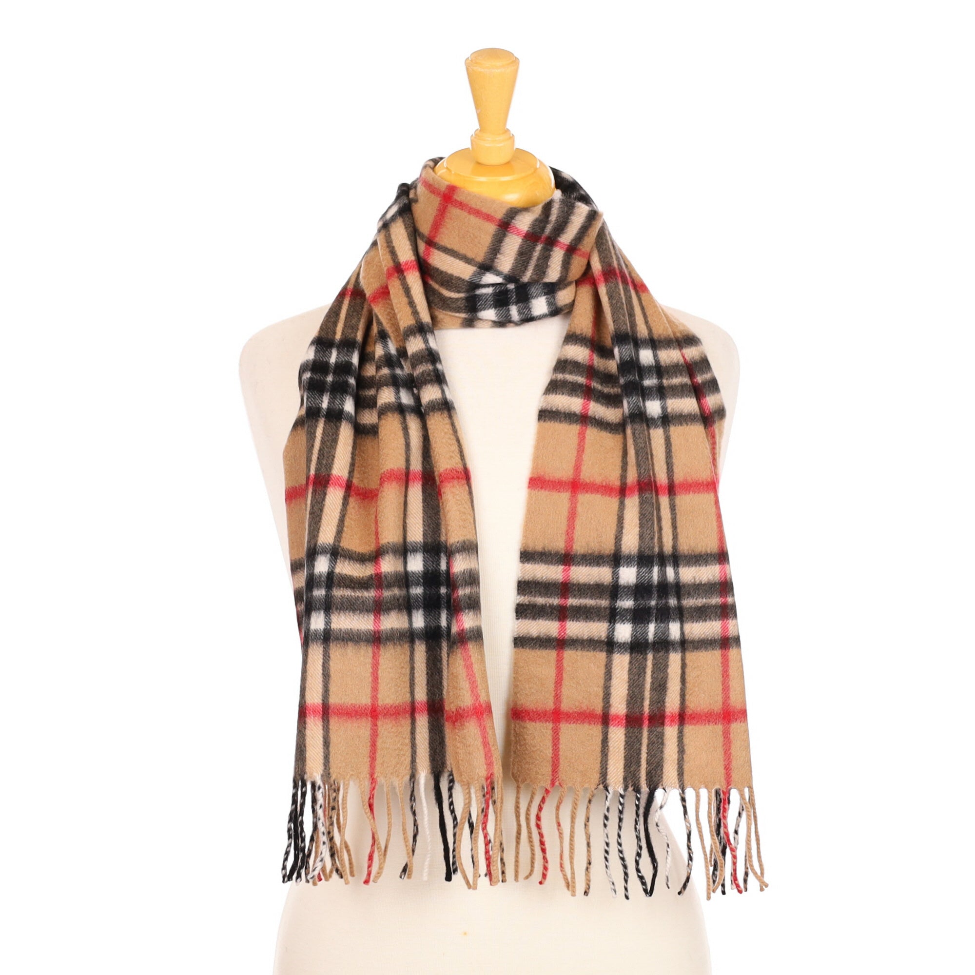 Camel and Red Checked Cashmere Fringed Woven Scarf