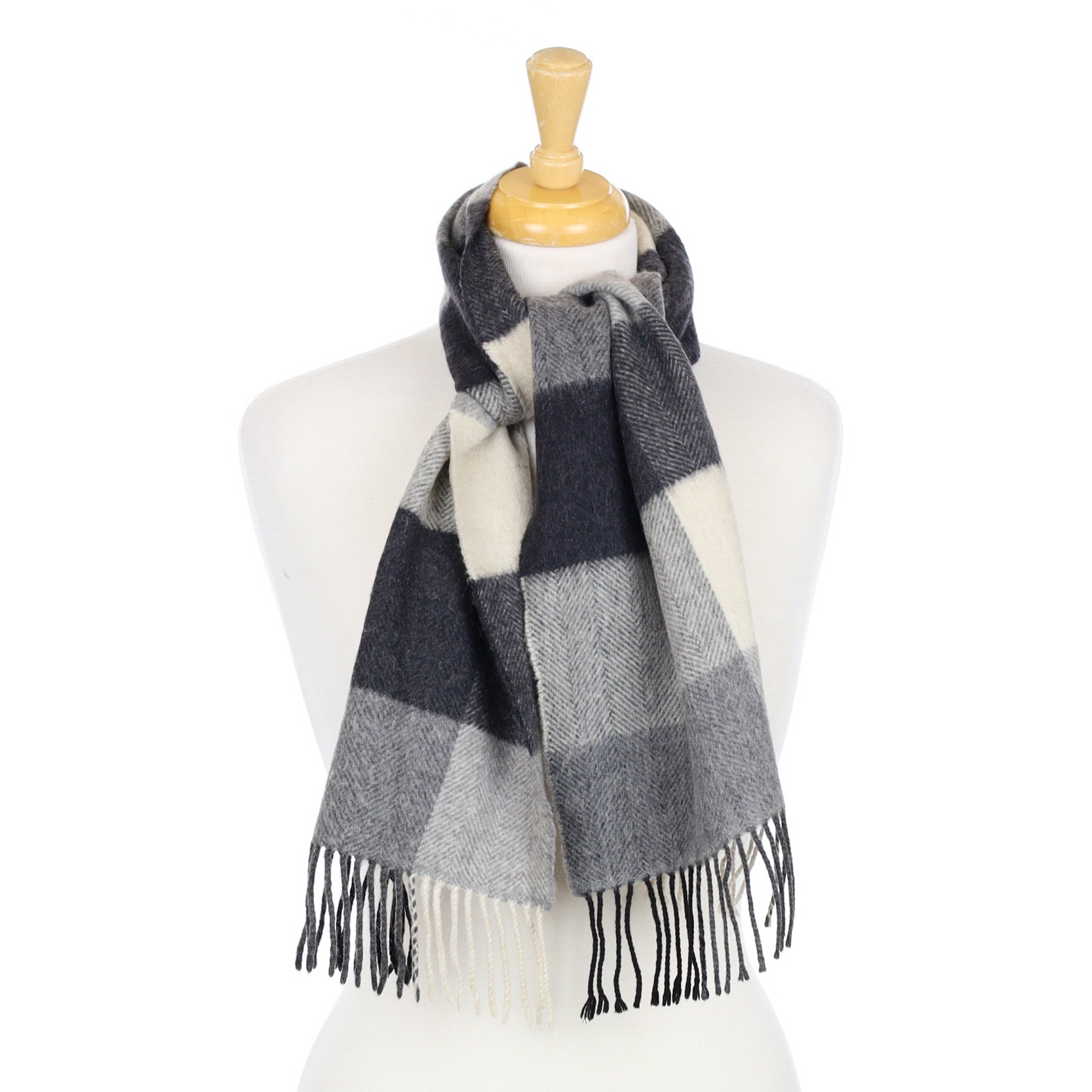 Grey and Alabaster Checked Cashmere Woven Scarf