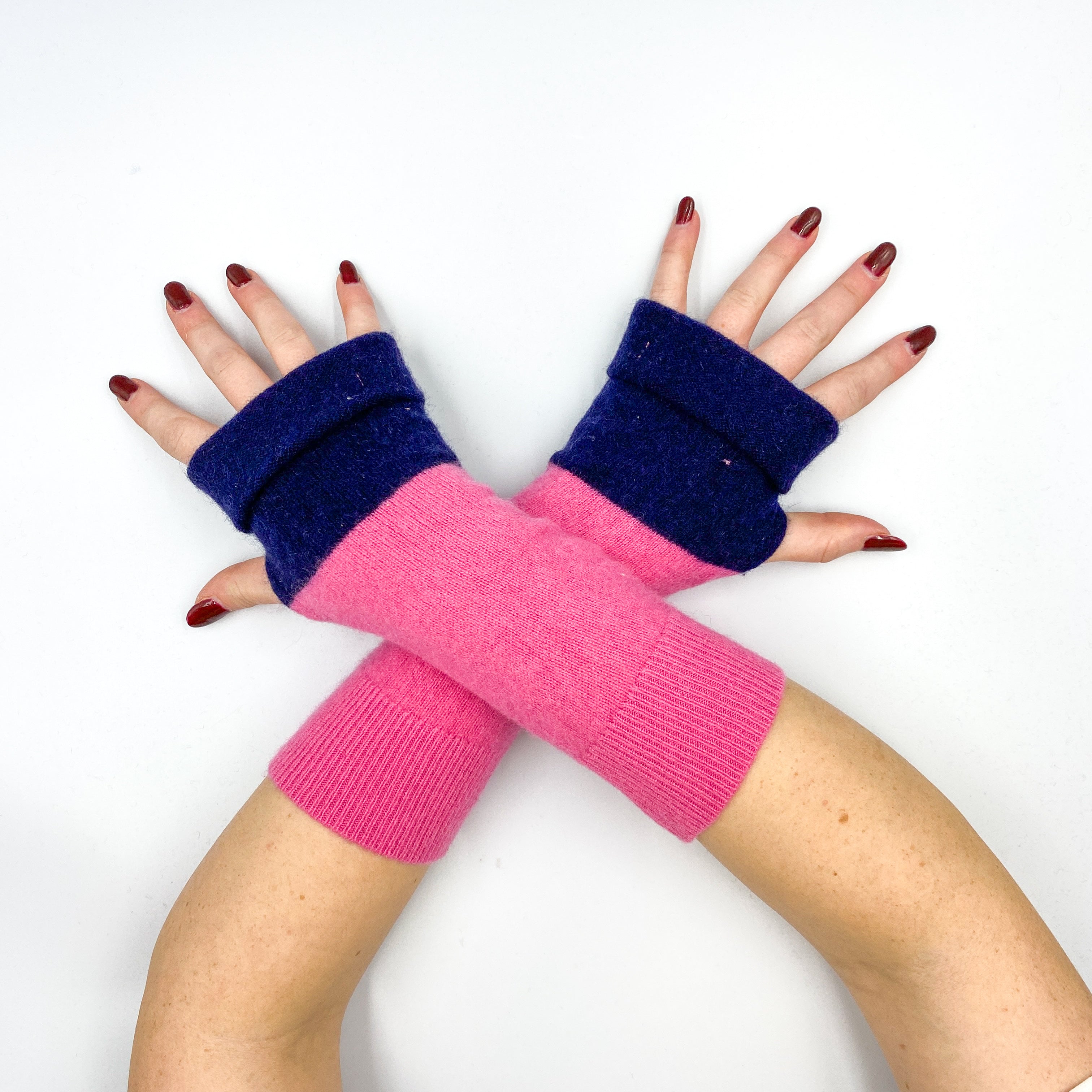 Loganberry Pink and Navy Colour Block Fingerless Gloves