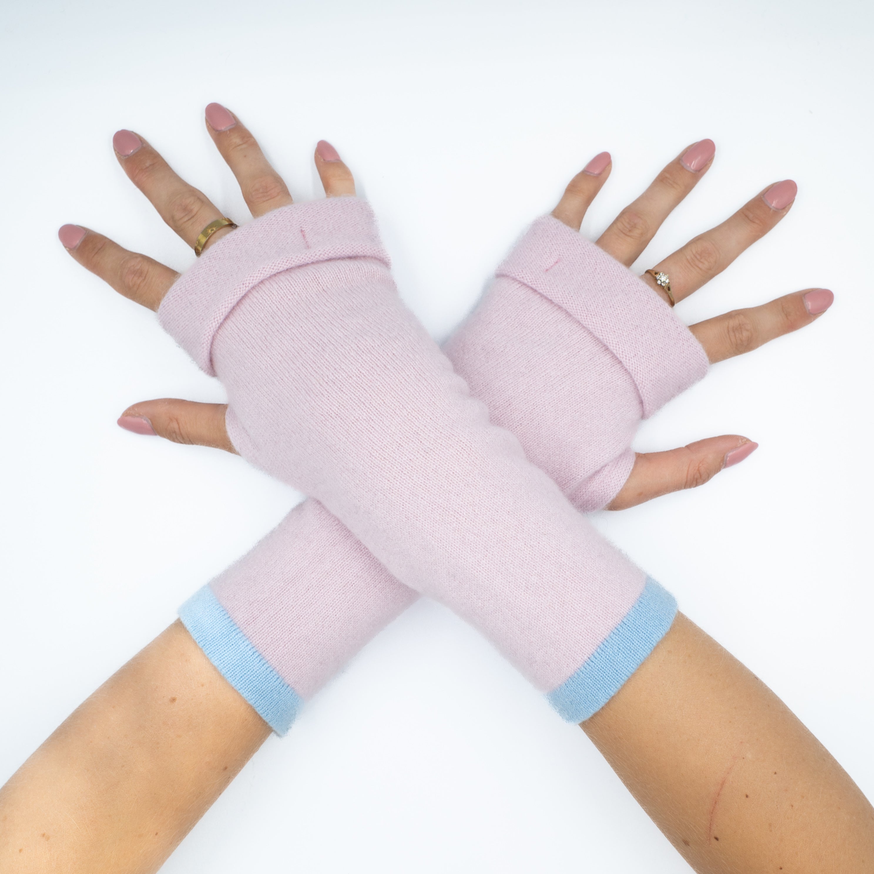 Baby Pink and Baby Blue Edge Fingerless Gloves