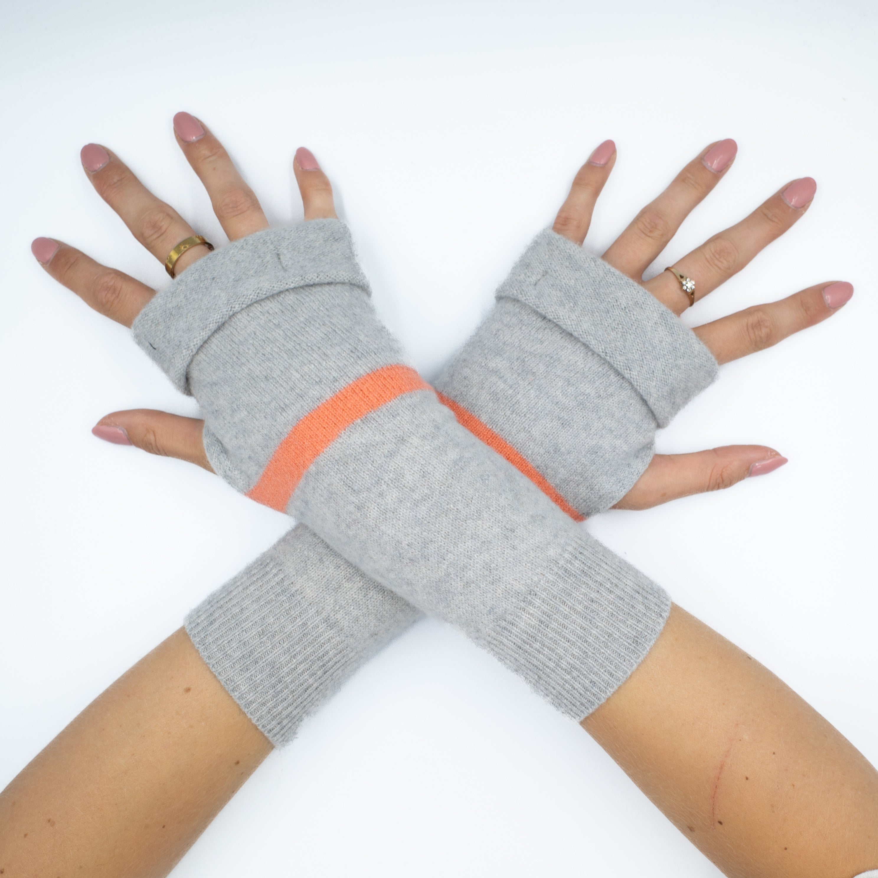 Pale Grey and Orange Stripe Fingerless Gloves