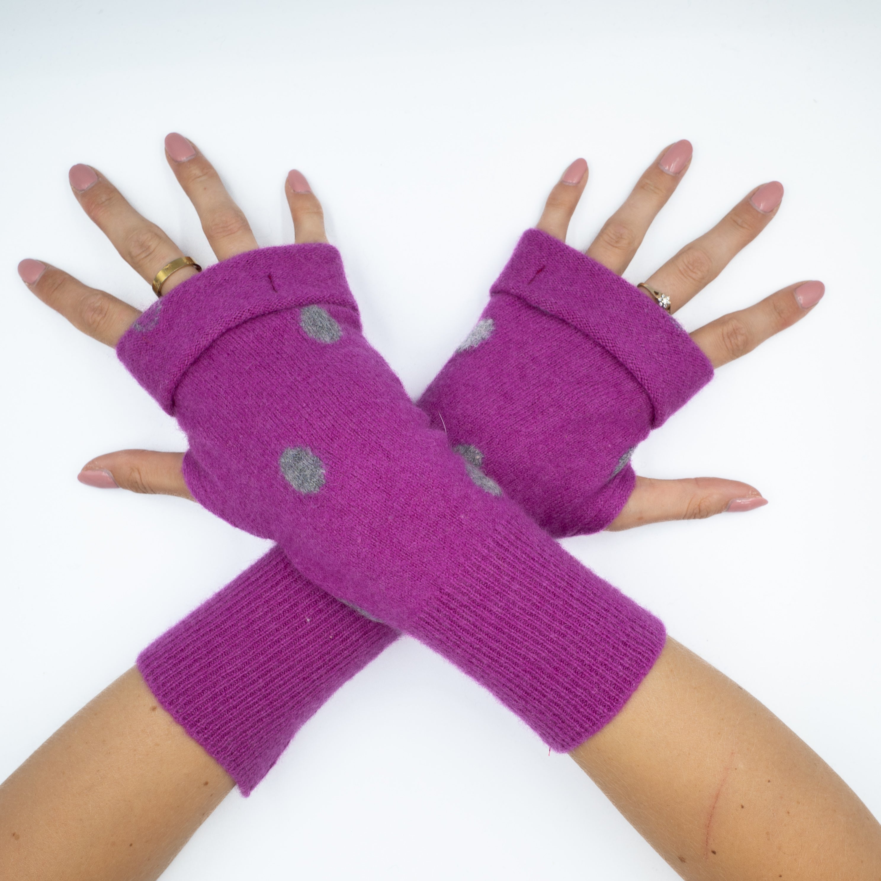 Fuchsia Pink and Smoke Grey Polka Dot Fingerless Gloves