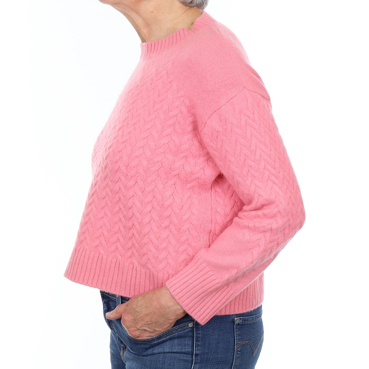 Bubblegum Pink Chunky Cable Cashmere Crew Neck Jumper Medium