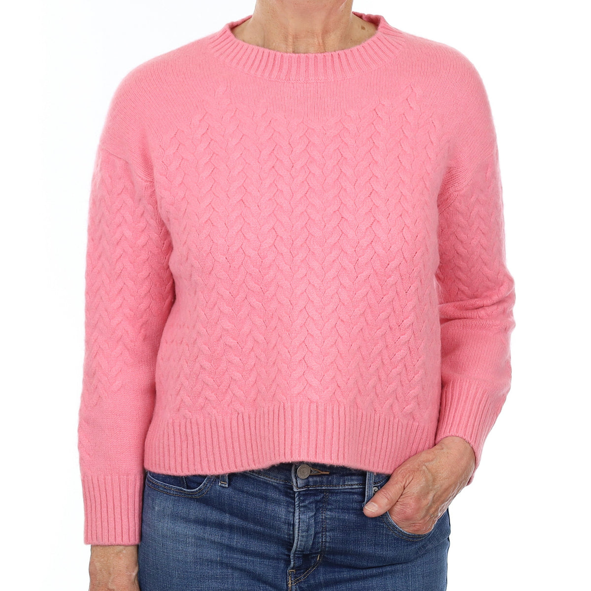 Bubblegum Pink Chunky Cable Cashmere Crew Neck Jumper Medium