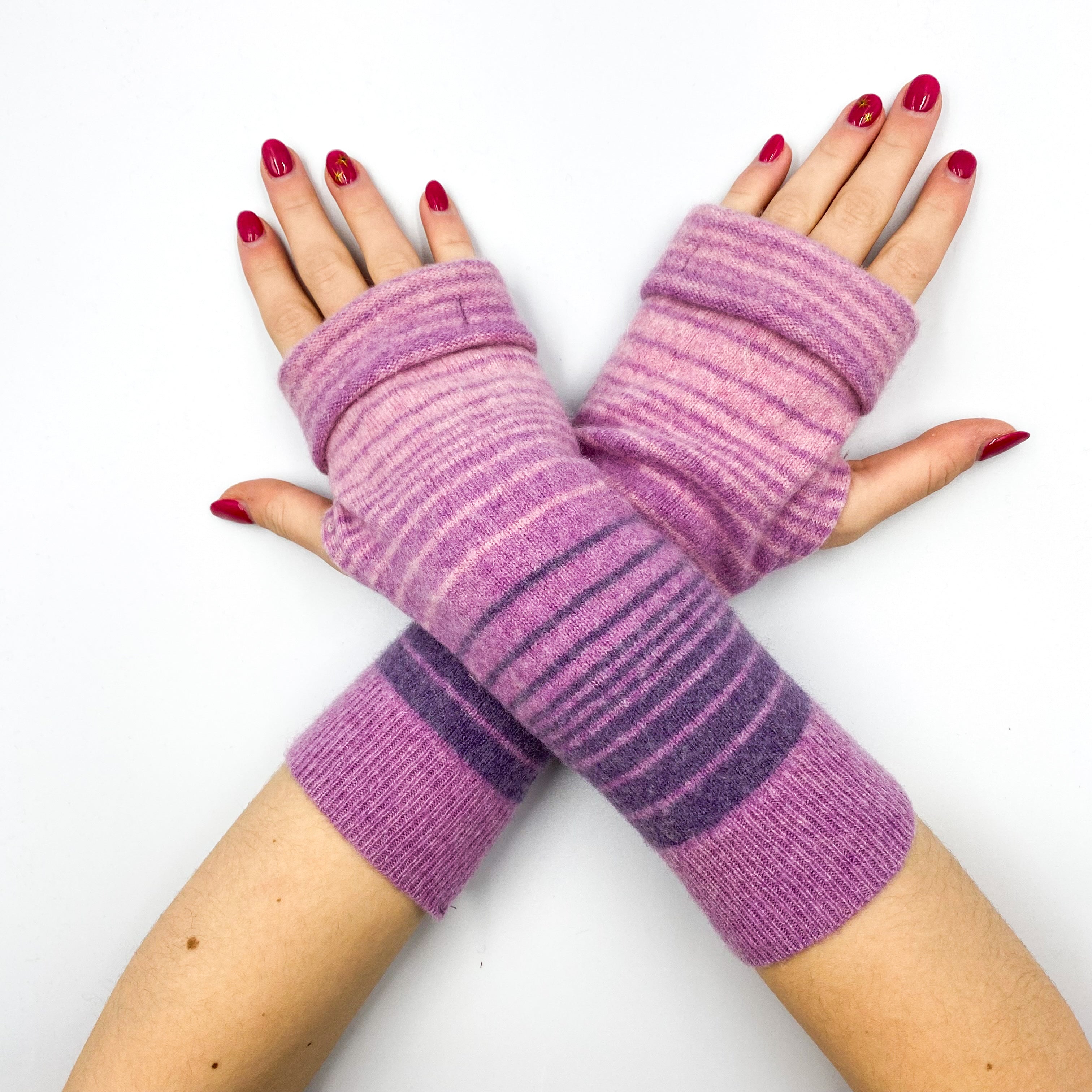 Mauve and Pink Stripe Fingerless Gloves