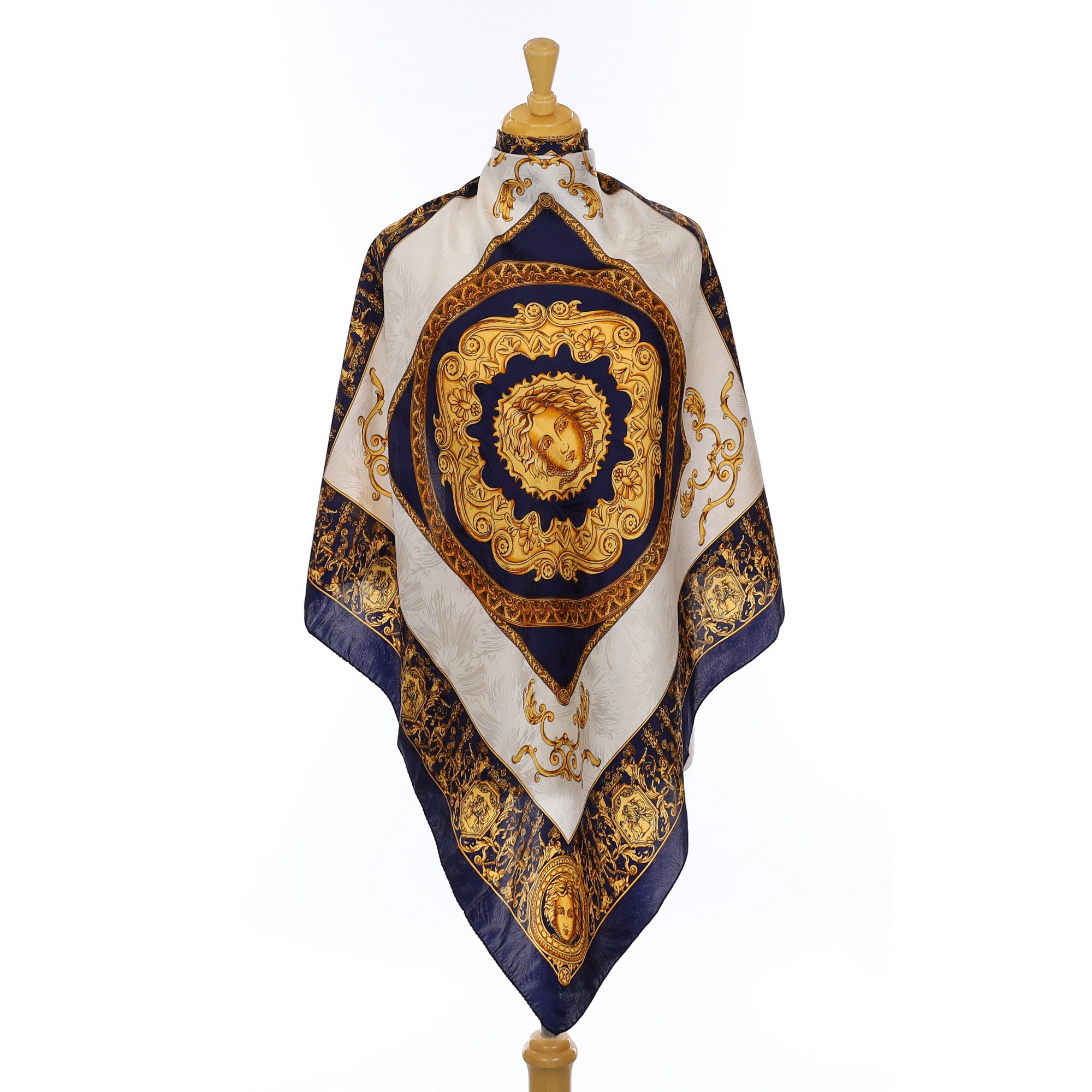 Italian Navy Blue, Gold and White Silk Scarf