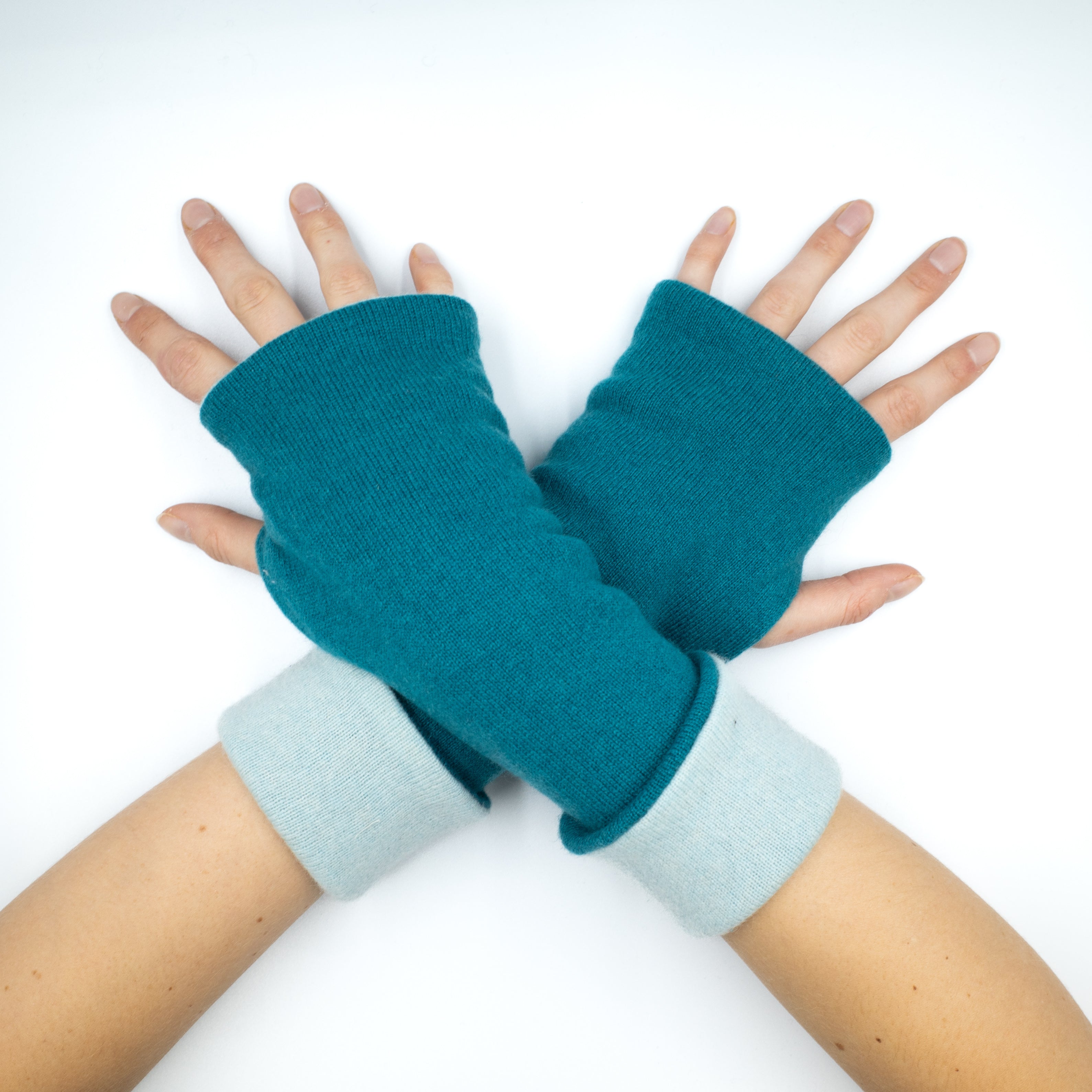 Teal and Sky Blue Luxury Reversible Cashmere Fingerless Gloves