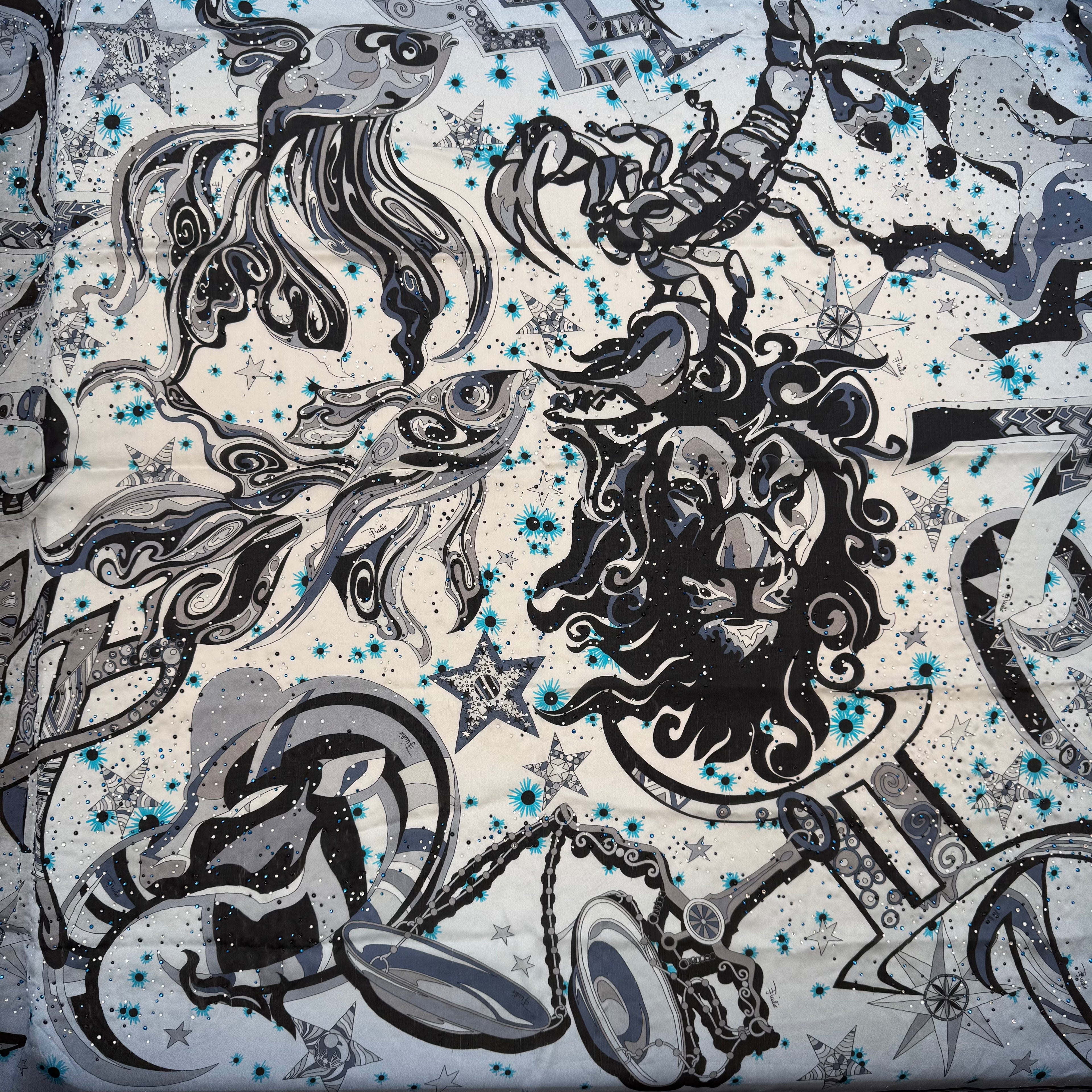 Emilio Pucci Blue Astrology Design Silk Scarf