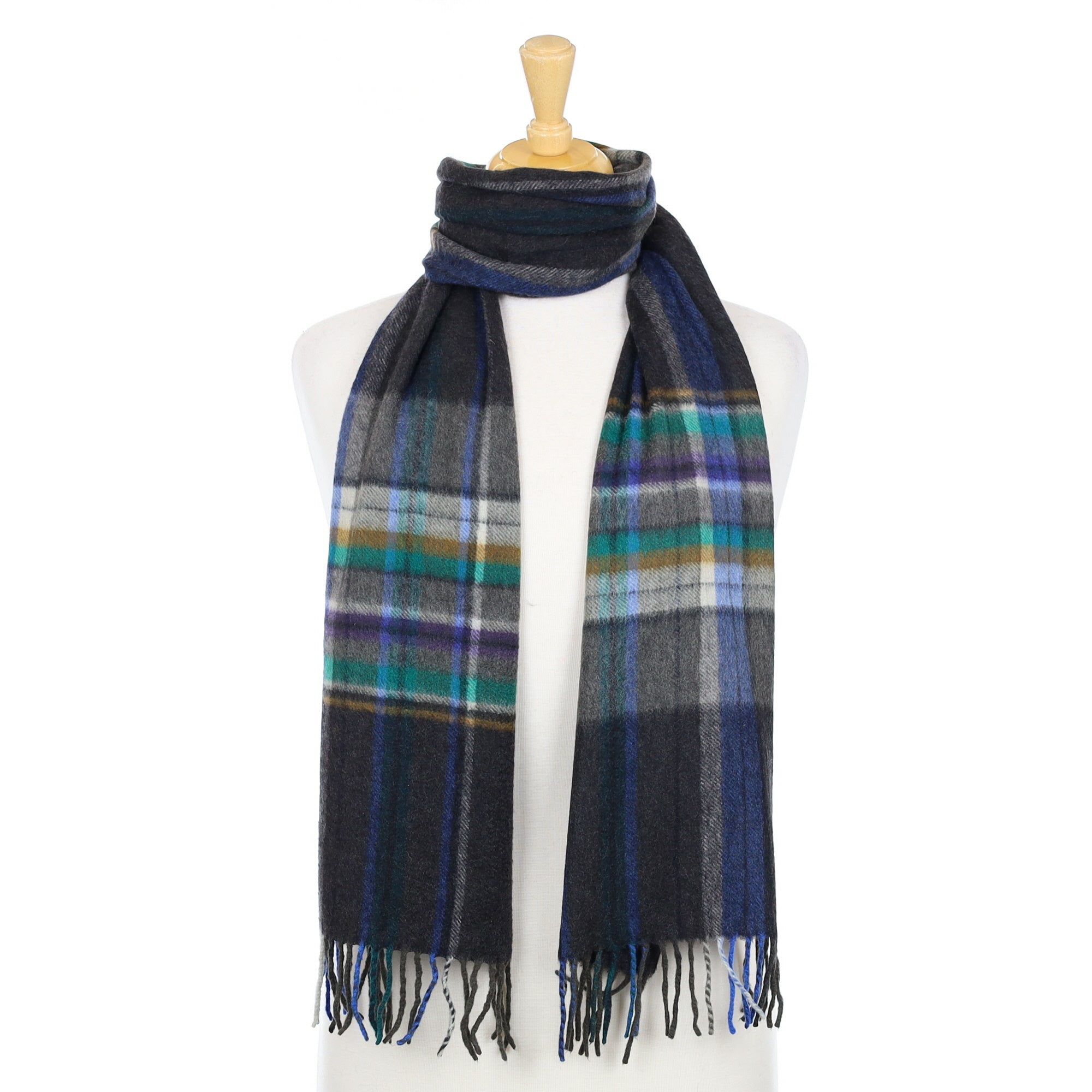 Charcoal Blue and Green Check Woven Cashmere Scarf