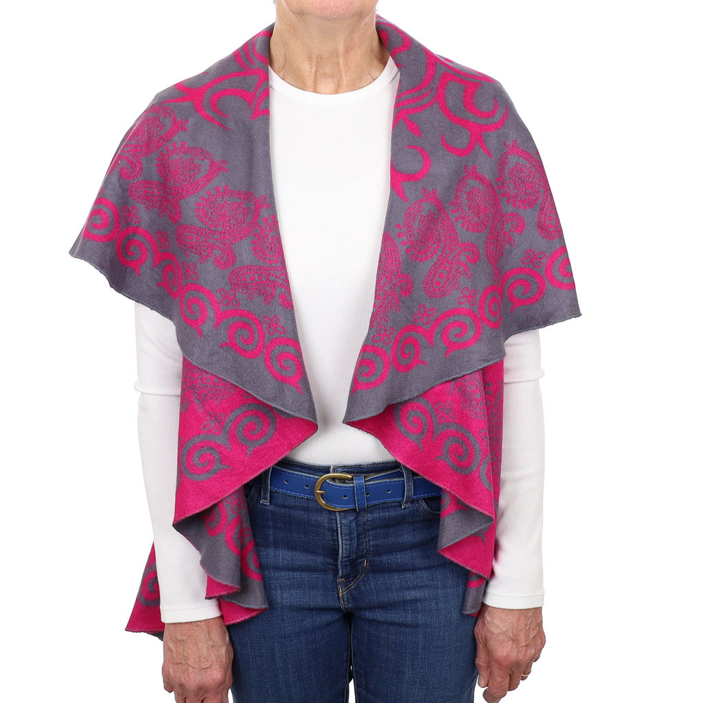 Hot Pink and Steel Grey Patterned Cashmere Cloak One Size